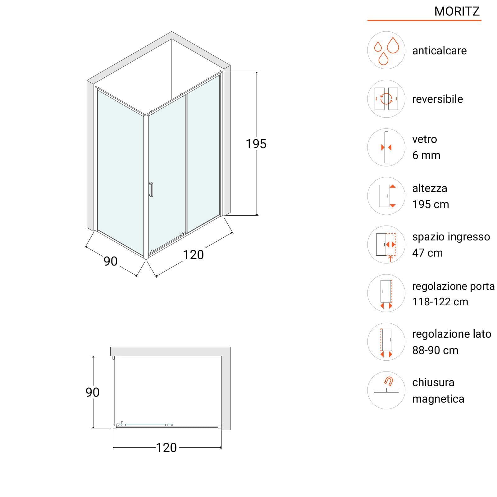 Box doccia 90x120 cm scorrevole vetro trasparente anticalcare profilo cromo 195h - Moritz