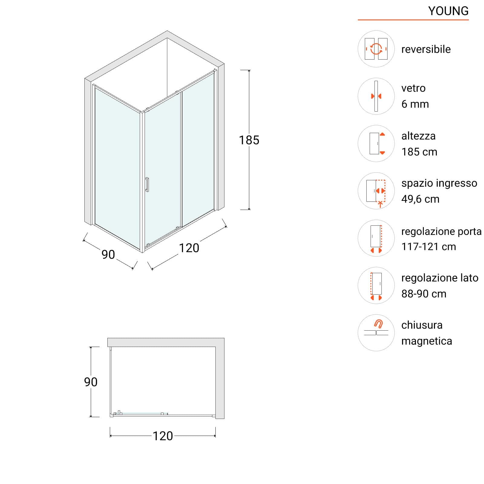 Box doccia 90x120 cm scorrevole vetro temperato 6mm stampato 185h - Young