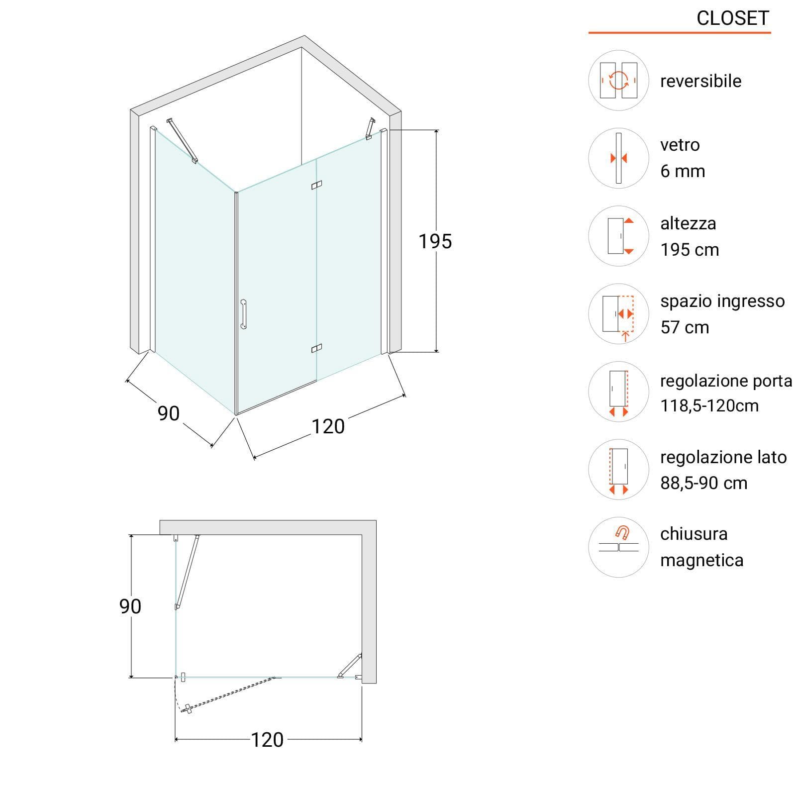 Box doccia 90x120 cm battente vetro temperato anticalcare 195h - Closet