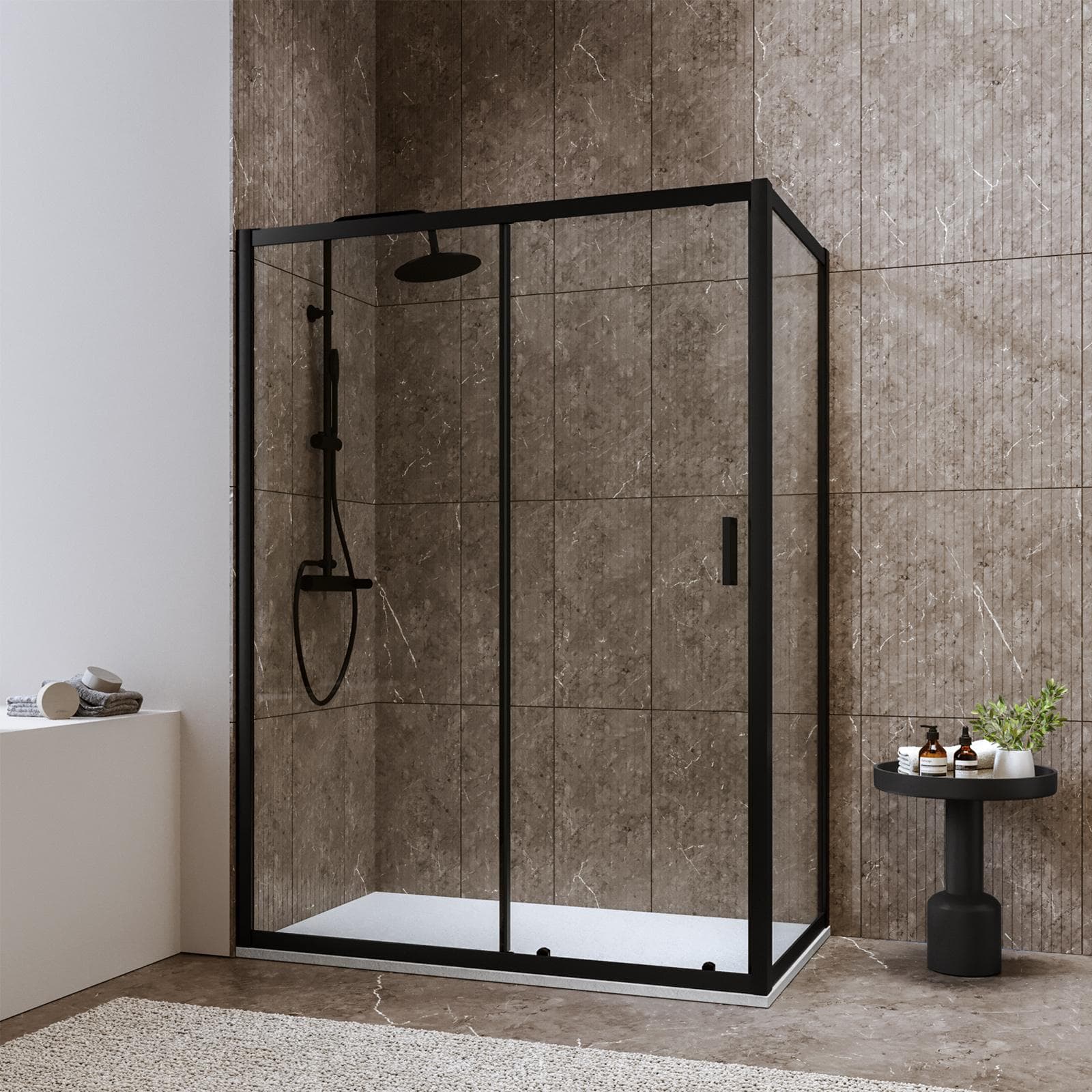 Box doccia 90x140 cm scorrevole in vetro temperato 6 mm trasparente 185h e profilo nero - Young