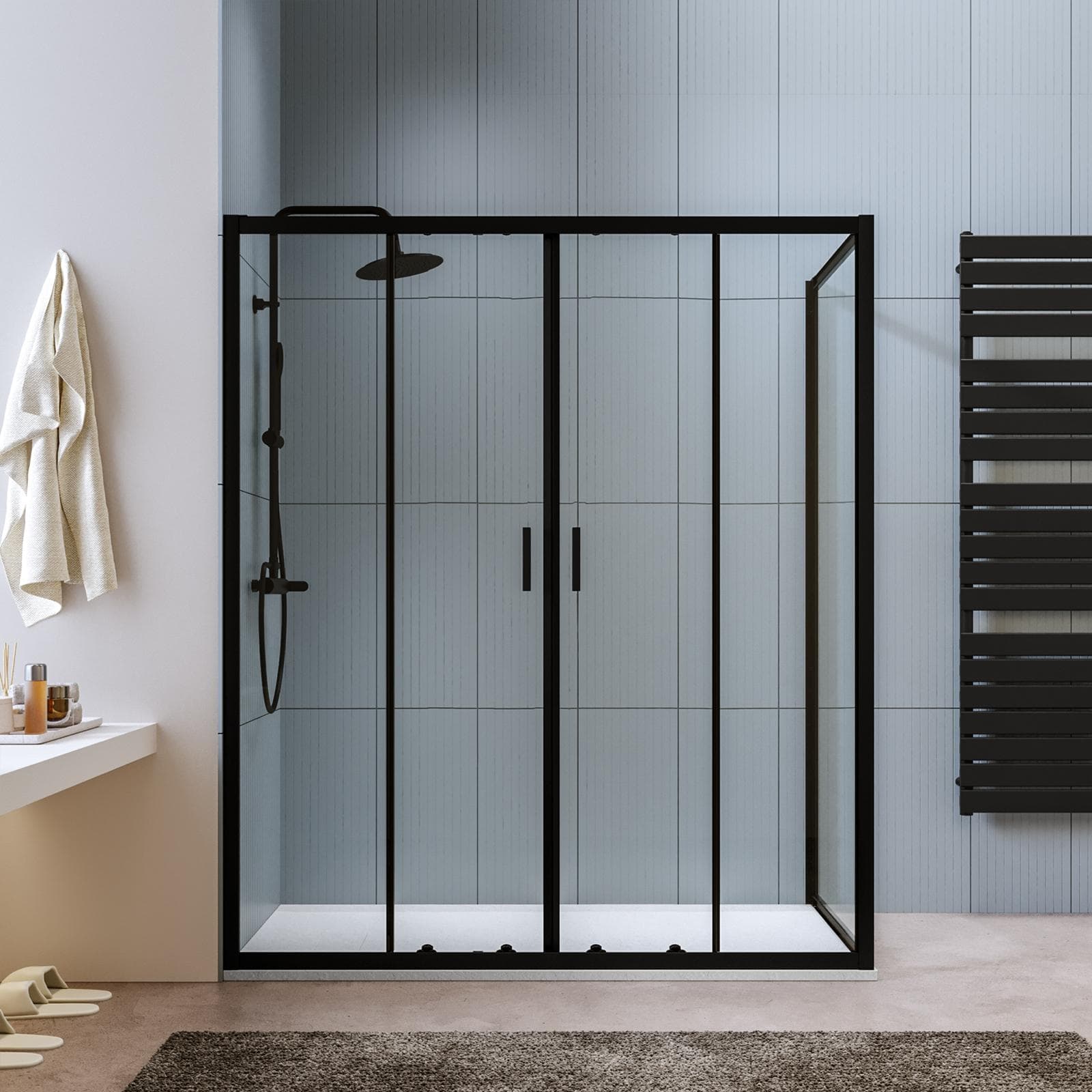 Box doccia 90x160 cm scorrevole in vetro temperato 6 mm trasparente 185h e profilo nero - Young