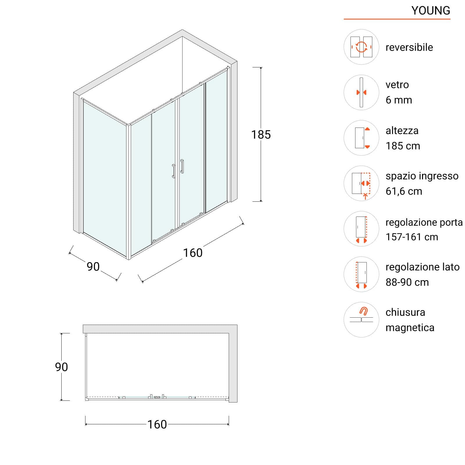 Box doccia 90x160 cm scorrevole in vetro temperato 6 mm trasparente 185h e profilo nero - Young