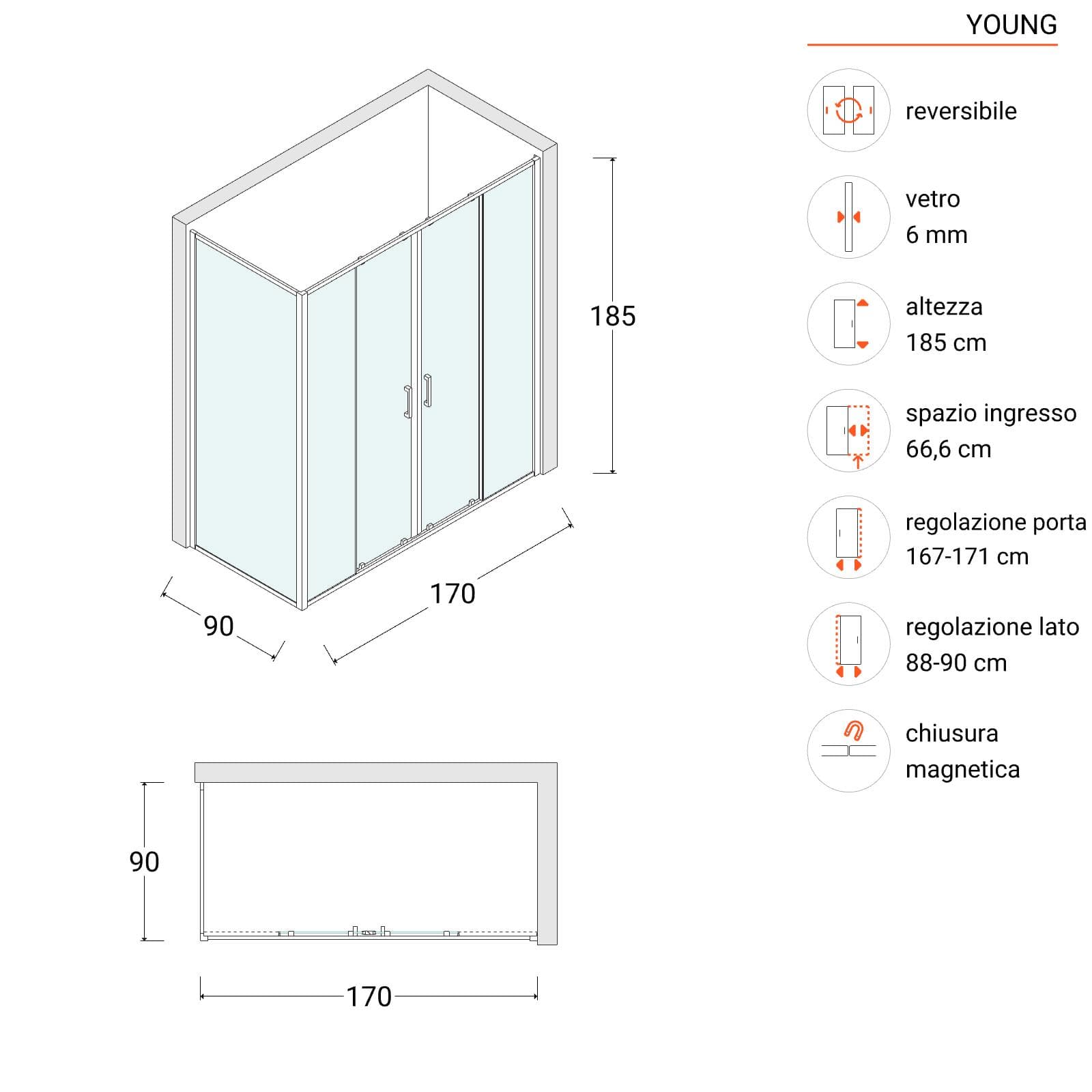 Box doccia 90x170 cm scorrevole in vetro temperato 6 mm trasparente 185h e profilo nero - Young