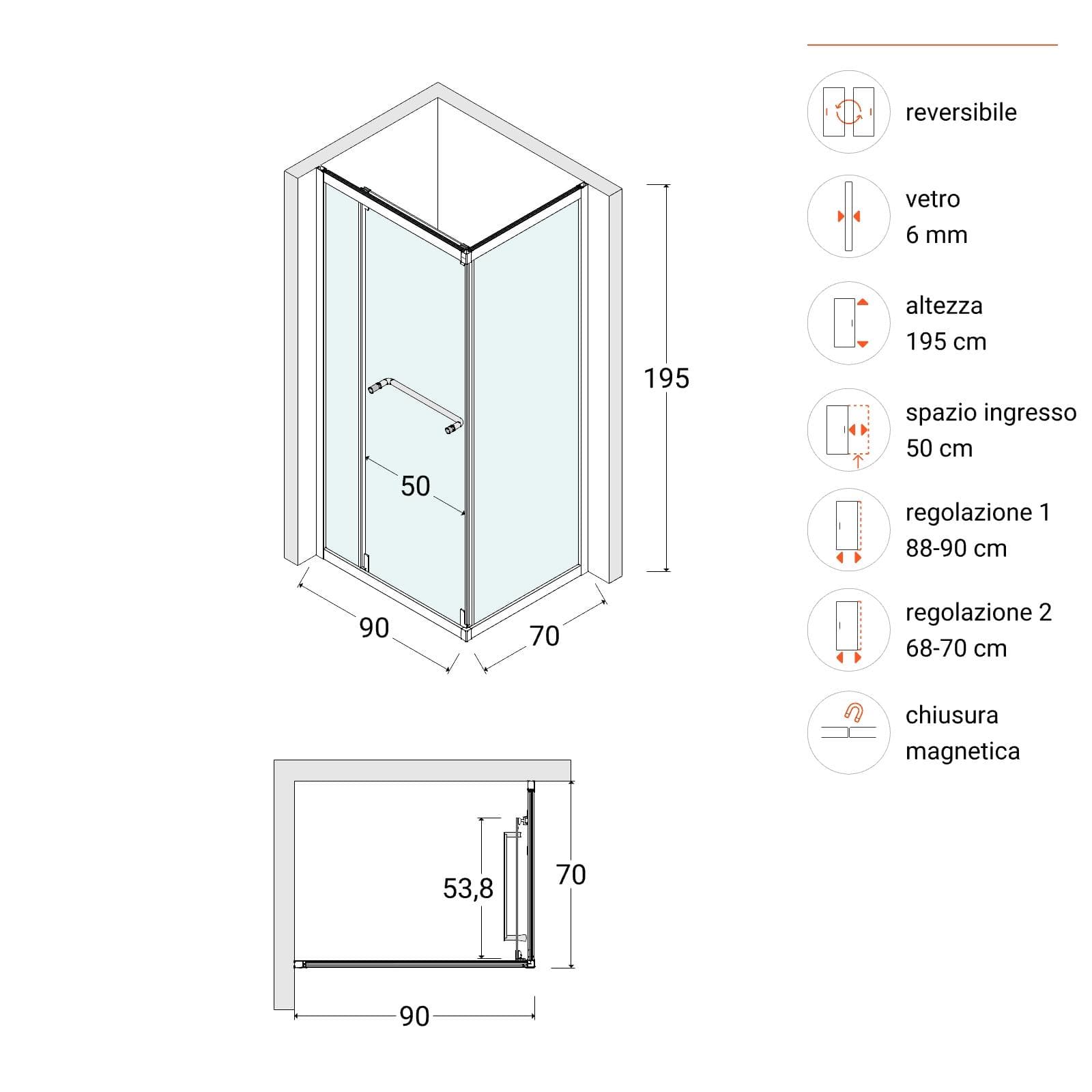 Box doccia 90x70 cm rototraslante con vetro temperato trasparente e profilo nero 195h - Nook