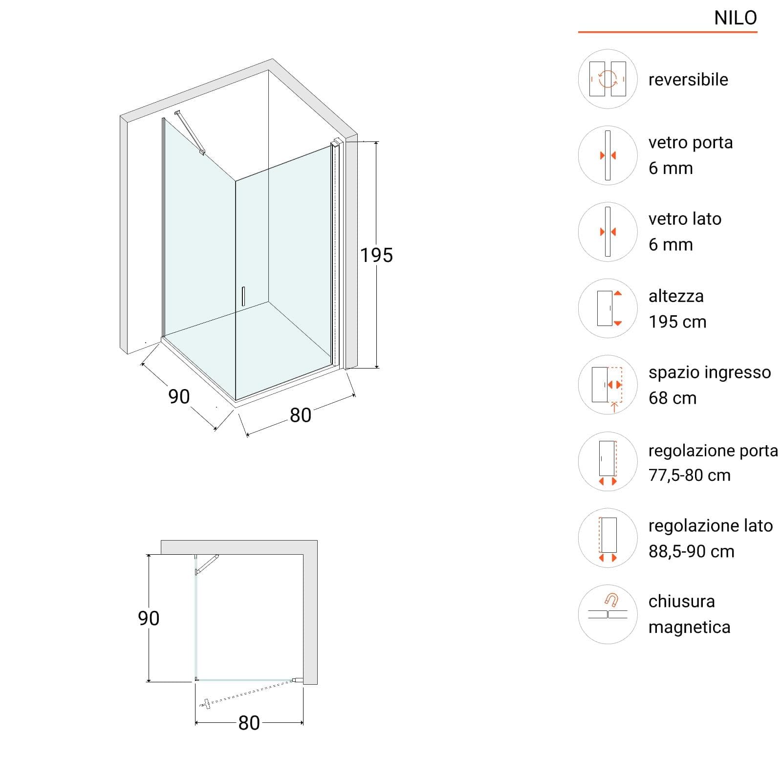 Box doccia 90x80 cm battente in vetro temperato 6mm opaco 195h - Nilo