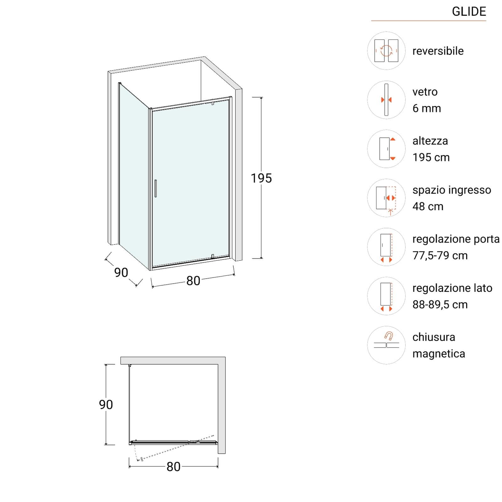 Box doccia 90x80 cm battente vetro trasparente e profilo cromo 195h - Glide