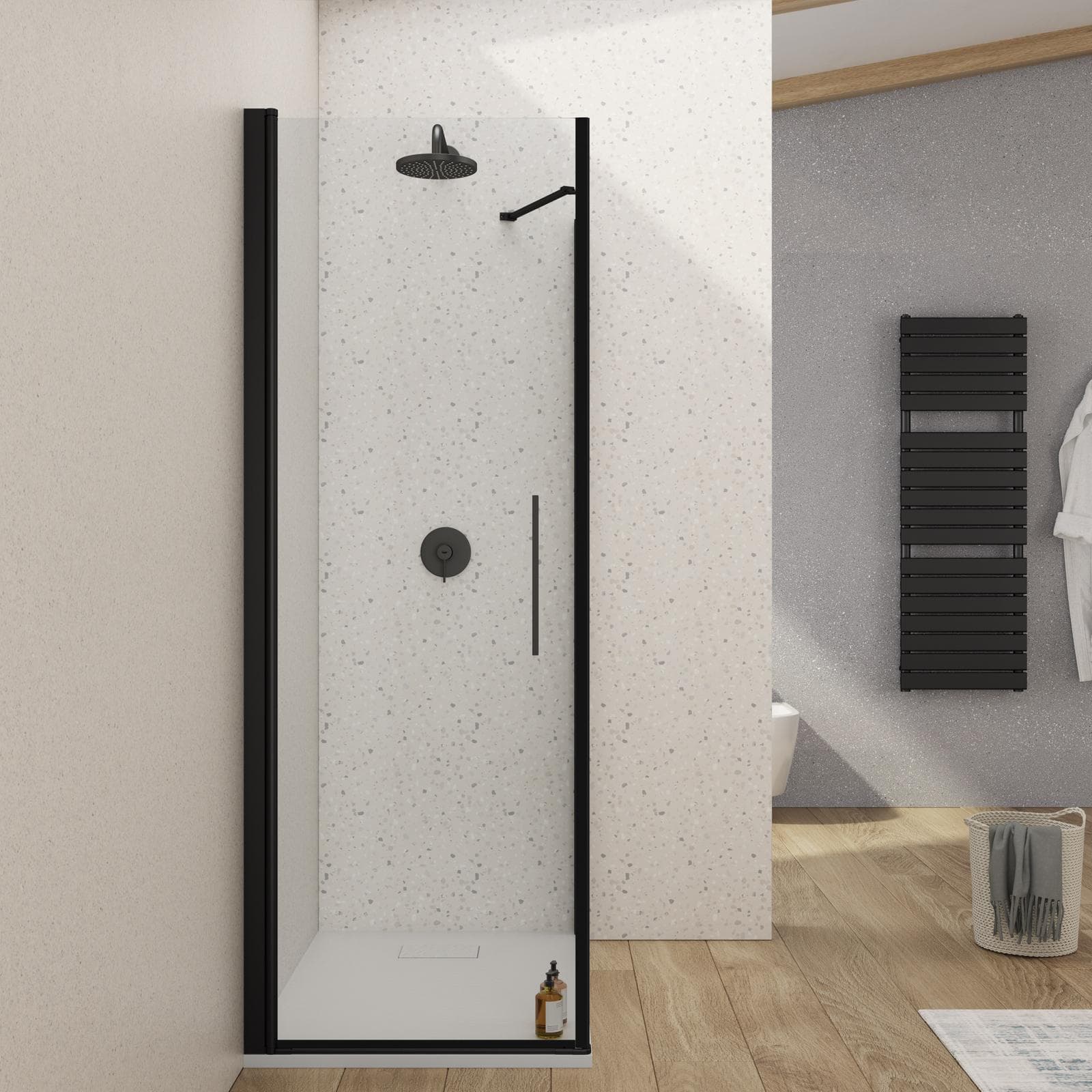 Box doccia 90X85 cm battente con vetro temperato trasparente e profilo nero opaco 195h - Nilo