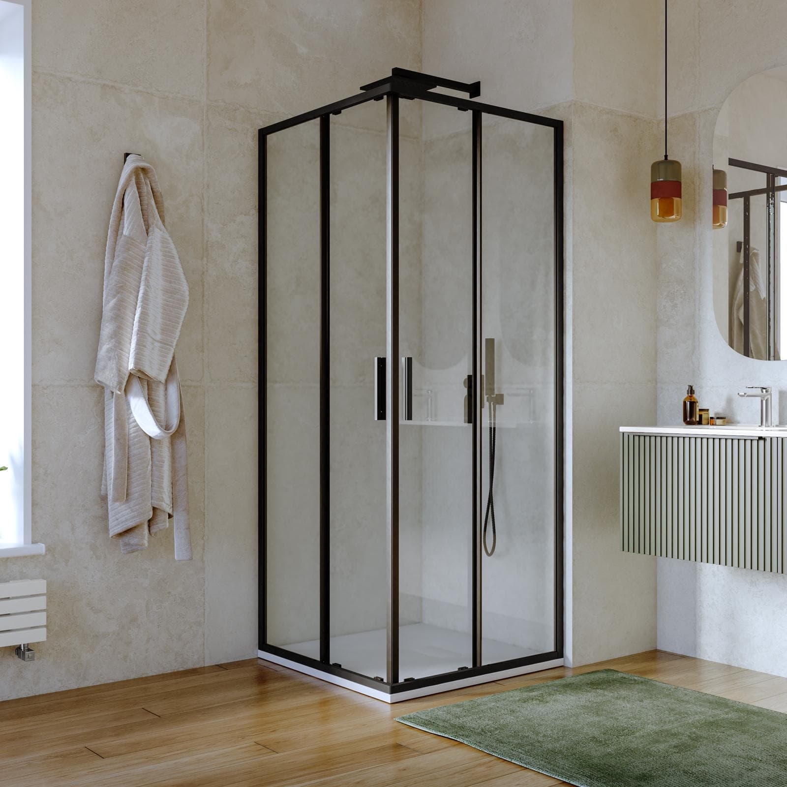 Box doccia 90x90 cm angolare scorrevole con vetro slim trasparente e profilo nero opaco 195h - Glide
