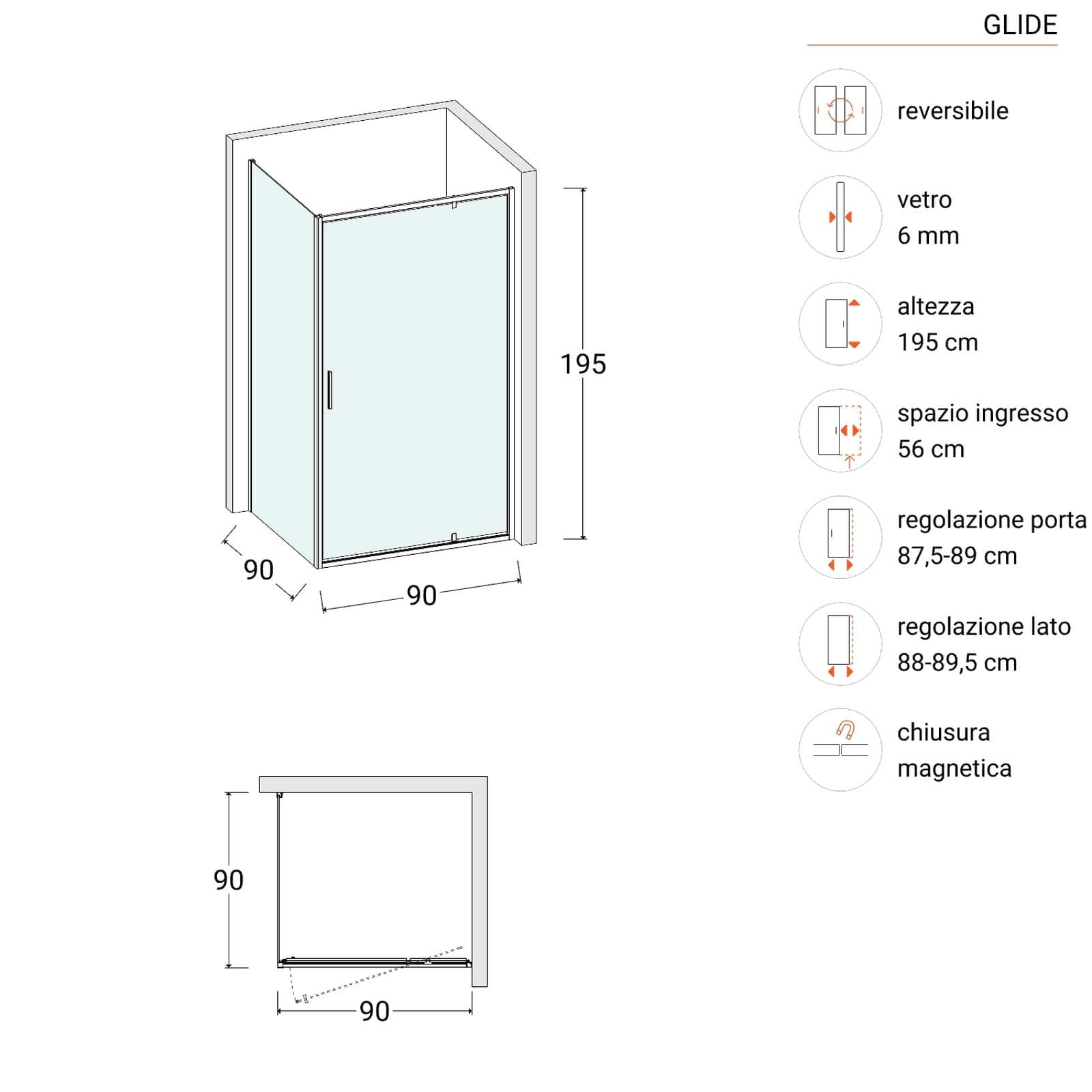 Box doccia 90x90 cm battente vetro trasparente e profilo cromo 195h - Glide
