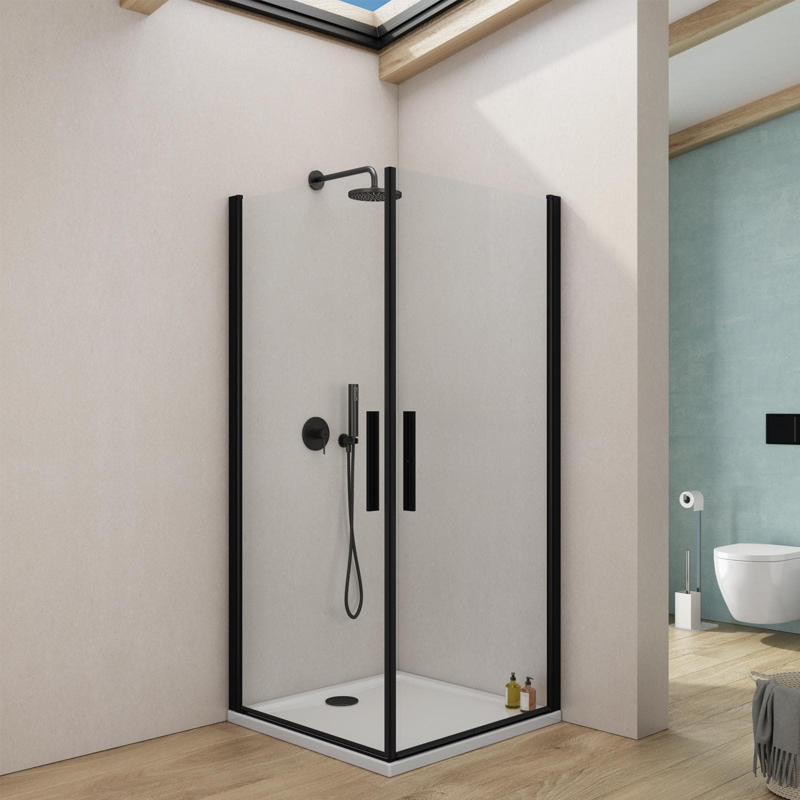 Box doccia 90x90 cm doppio battente con vetro temperato trasparente e profilo nero opaco 190h - Nilo