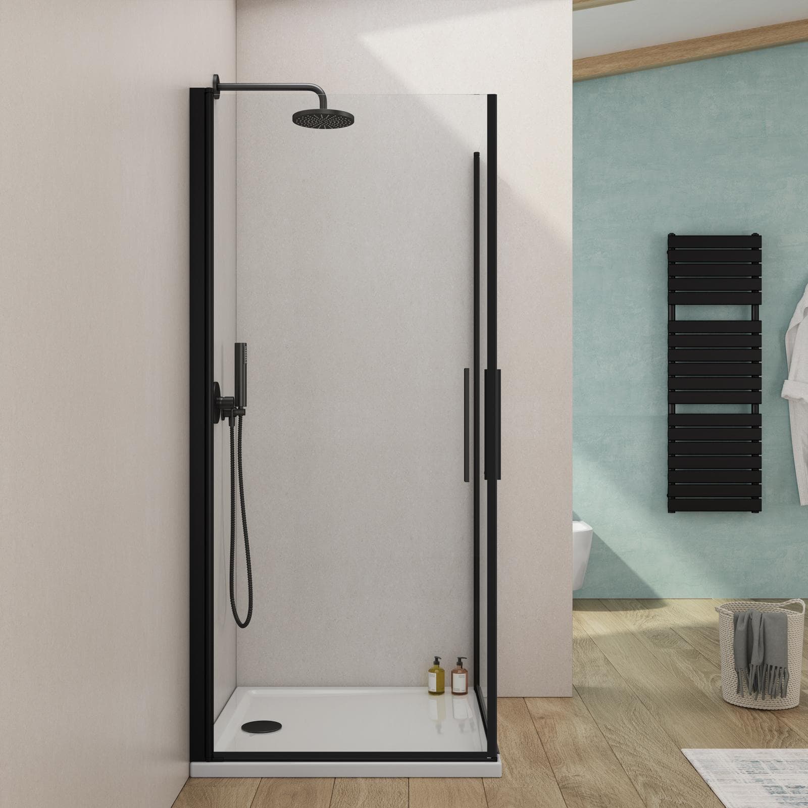 Box doccia 90x90 cm doppio battente con vetro temperato trasparente e profilo nero opaco 190h - Nilo