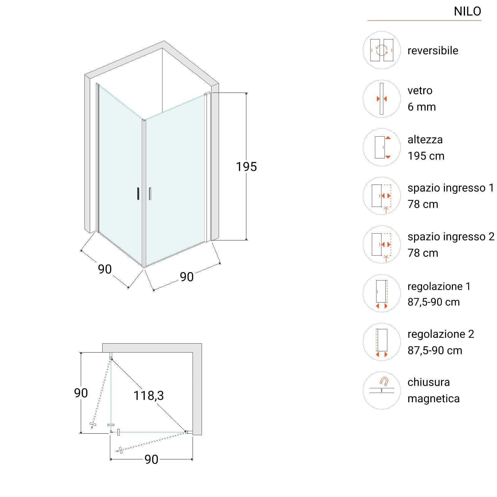 Box doccia 90x90 cm doppio battente con vetro temperato trasparente e profilo nero opaco 190h - Nilo