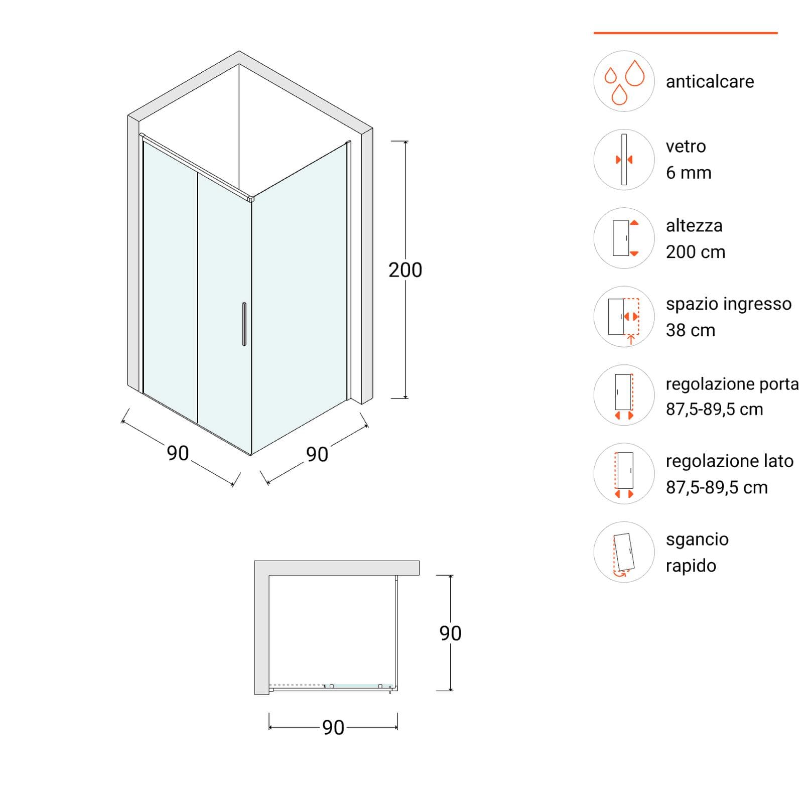 Box doccia 90X90 cm scorrevole sx con vetro anticalcare trasparente e profilo cromo 200h - Kiri