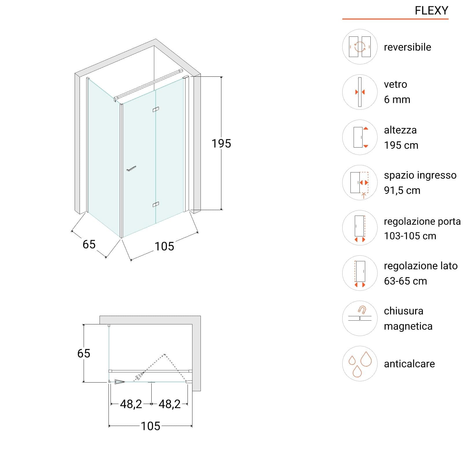 Box doccia 65x105 cm a soffietto vetro anticalcare trasparente profilo cromo 195h - Flexy