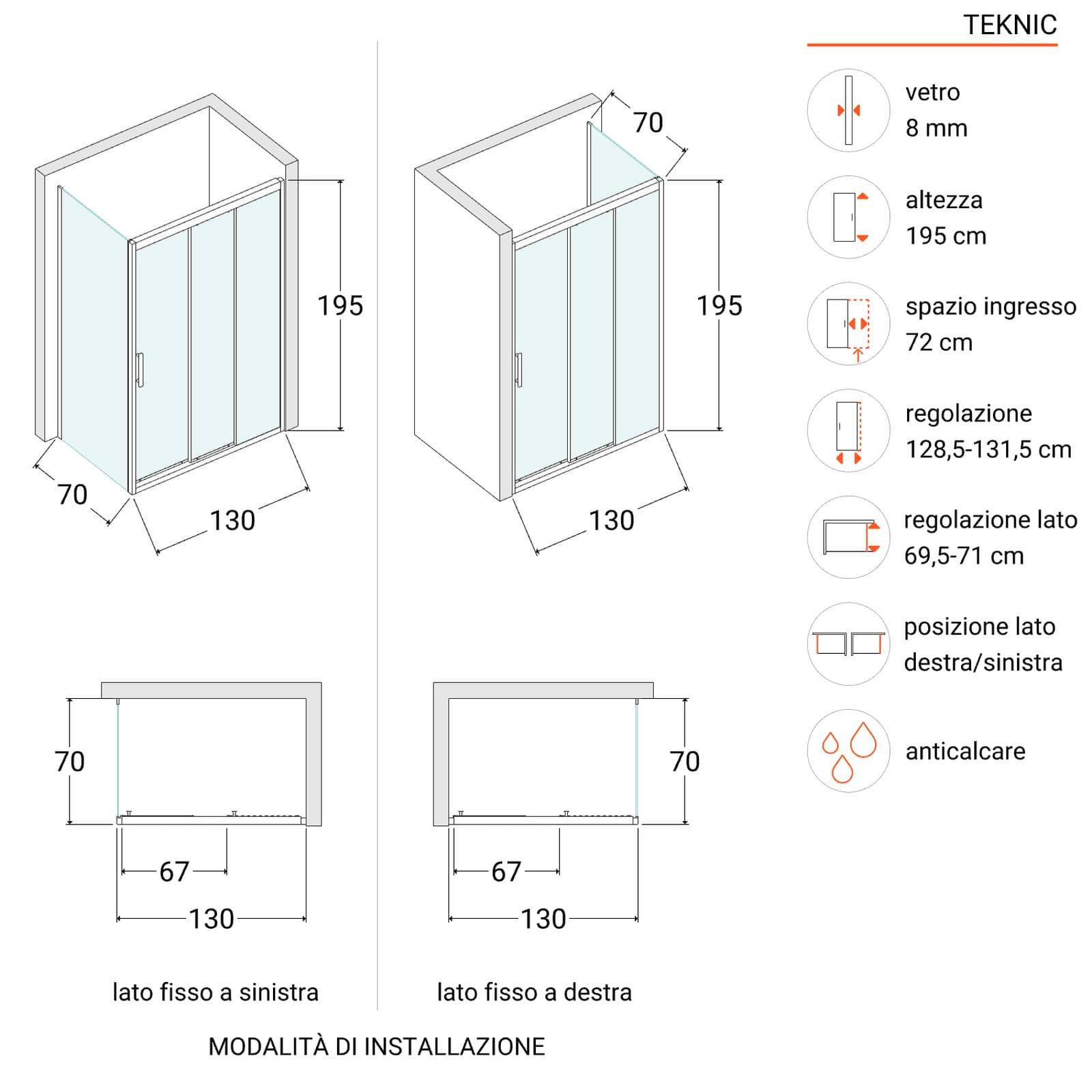 Box doccia 130x70 cm scorrevole verso dx 3 ante anticalcare opaco e profilo cromo 195h - Teknic
