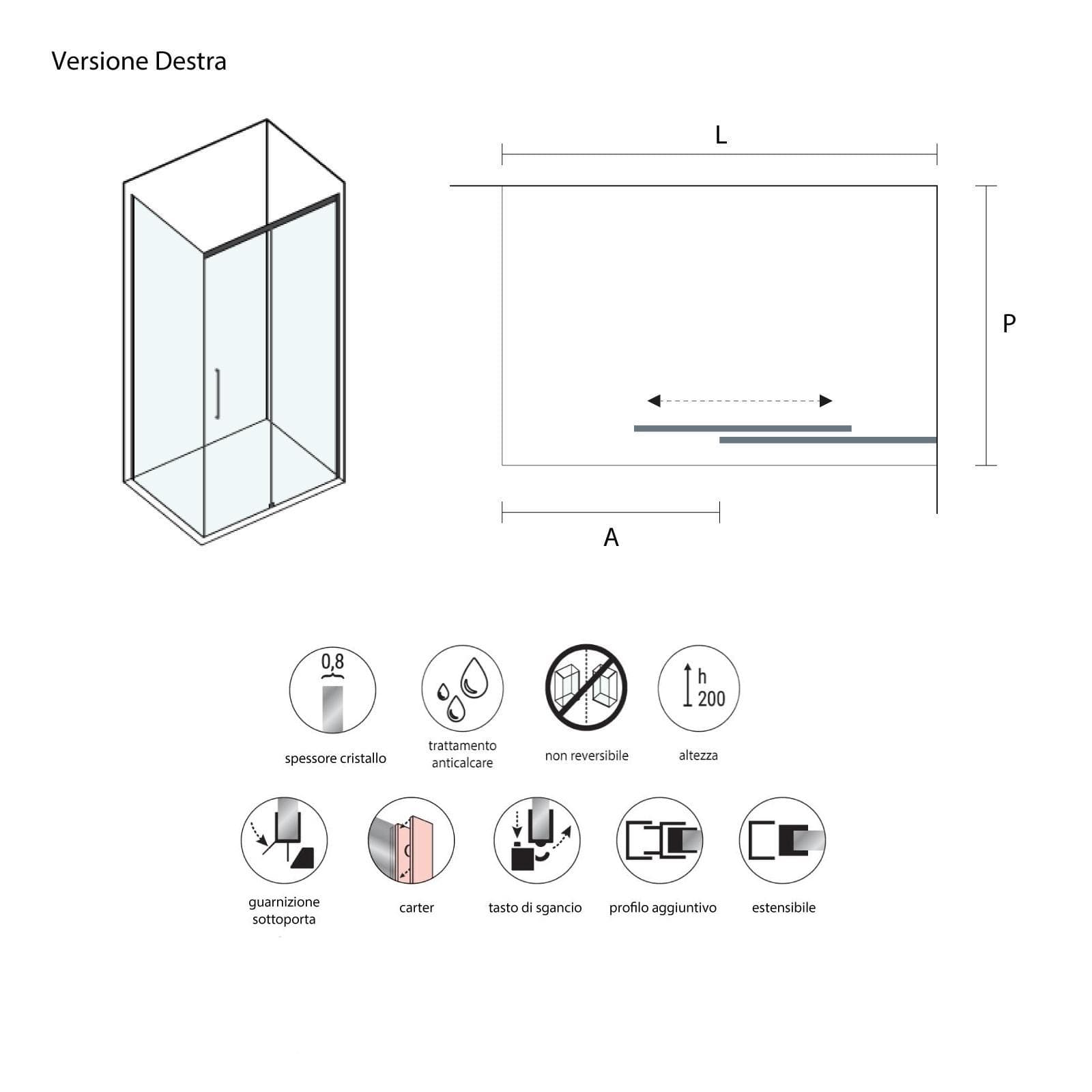 Box doccia angolare 150x70 cm scorrevole dx cristallo anticalcare 8 mm 200h cromo - Abelia