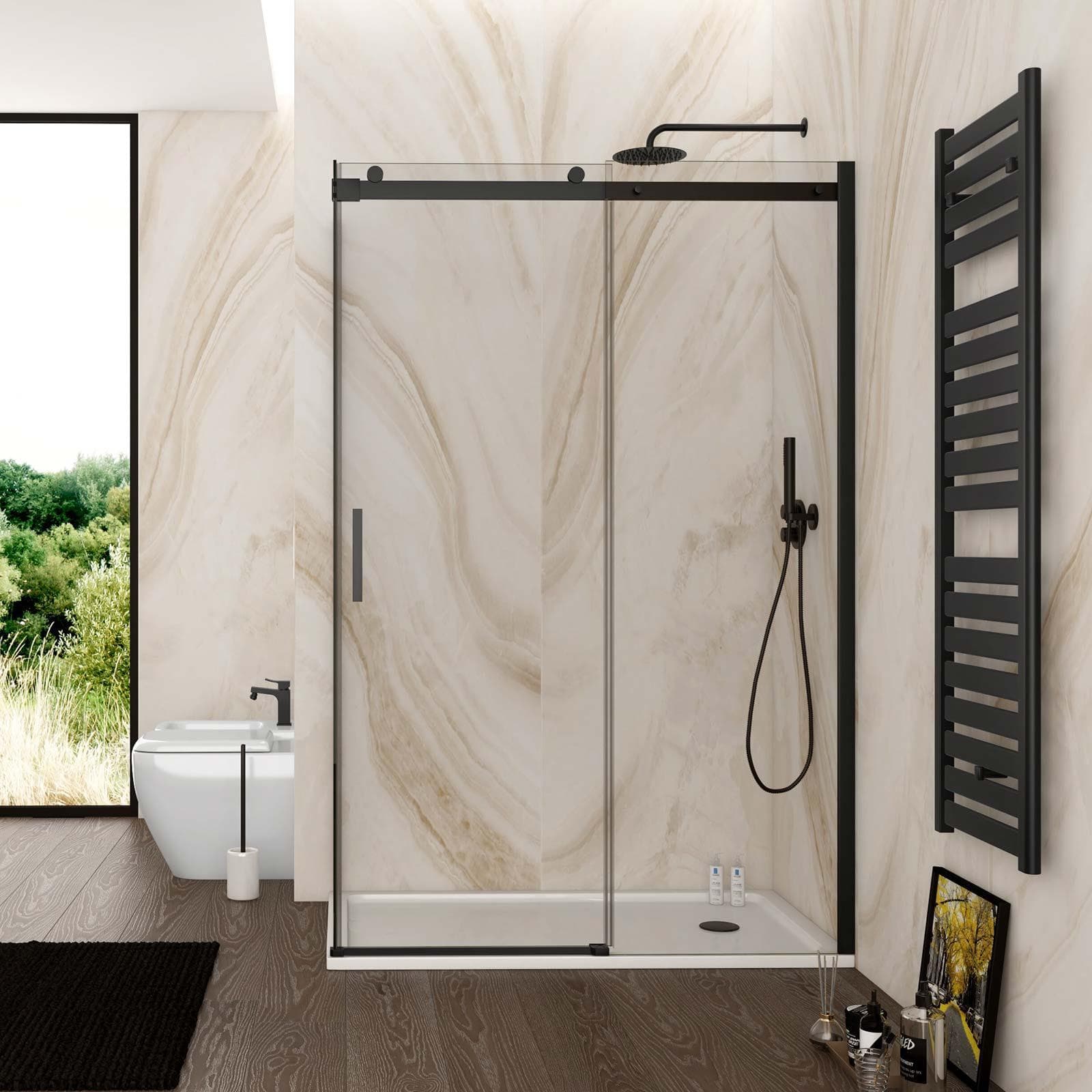 Box doccia 70x130 cm scorrevole vetro anticalcare trasparente profilo nero opaco 195h - Rail
