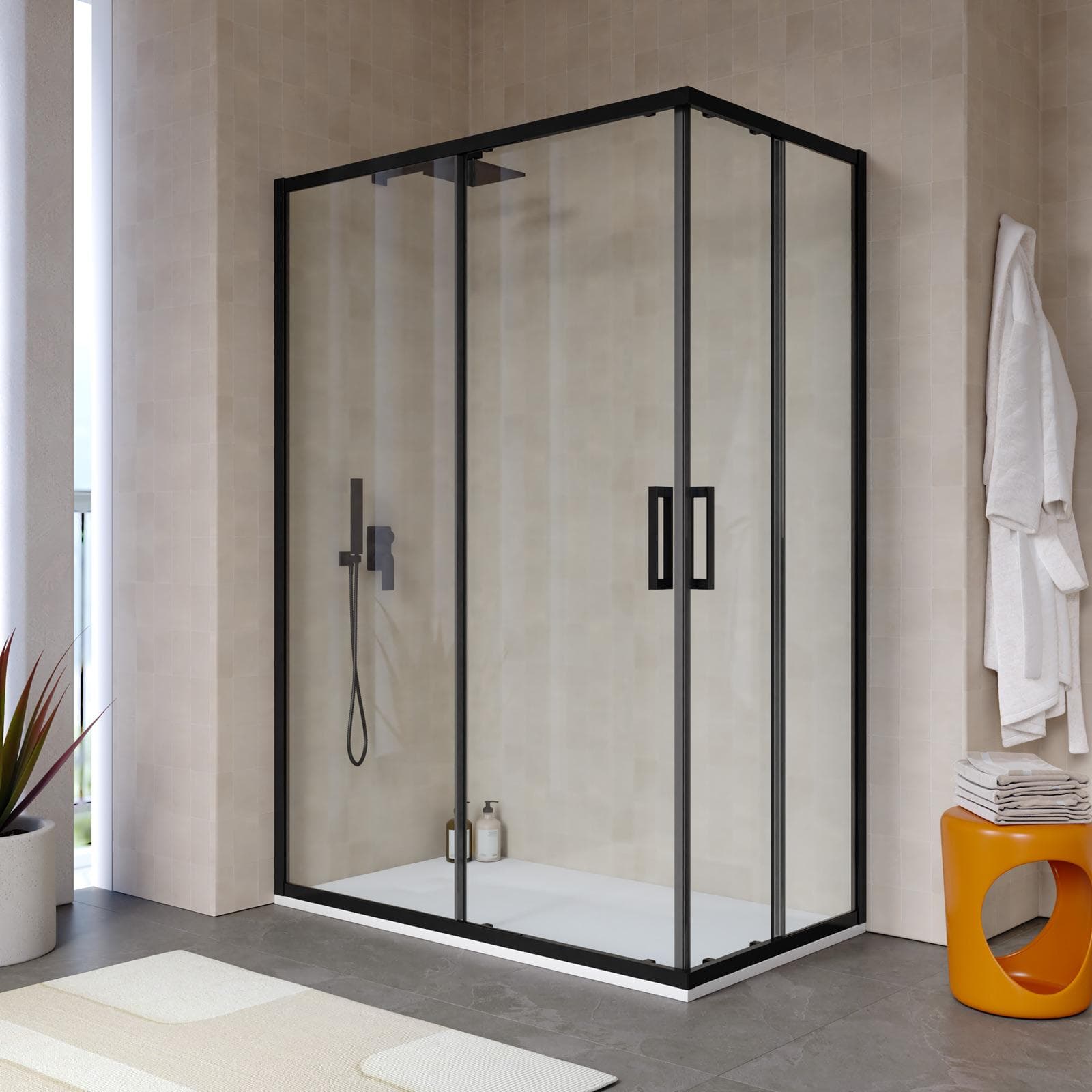 Box doccia angolare 70x140 cm scorrevole profilo nero in vetro temperato anticalcare 200h - Naomi