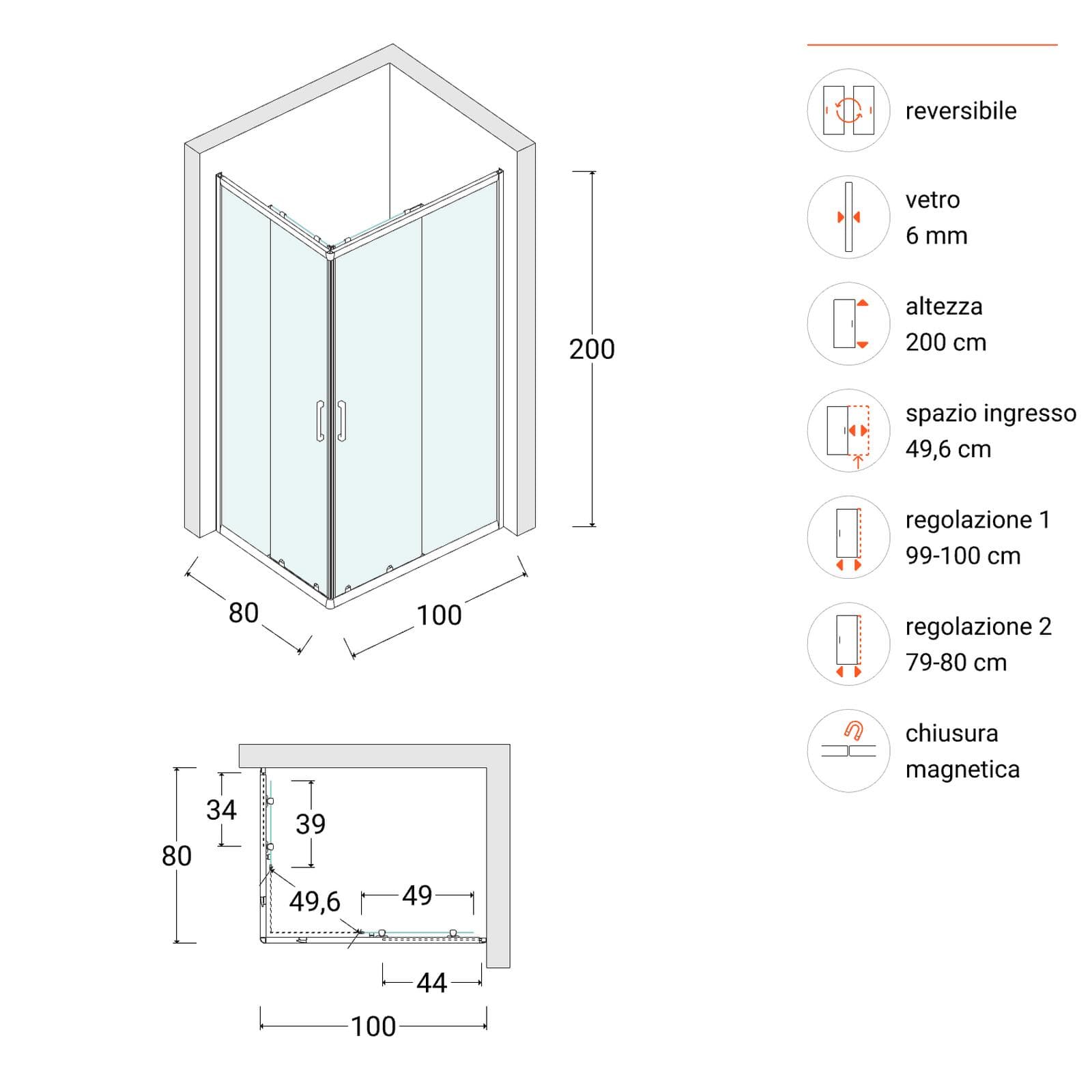 Box doccia 80x100 cm angolare scorrevole con vetro stampato e profilo cromo 200h - Skin