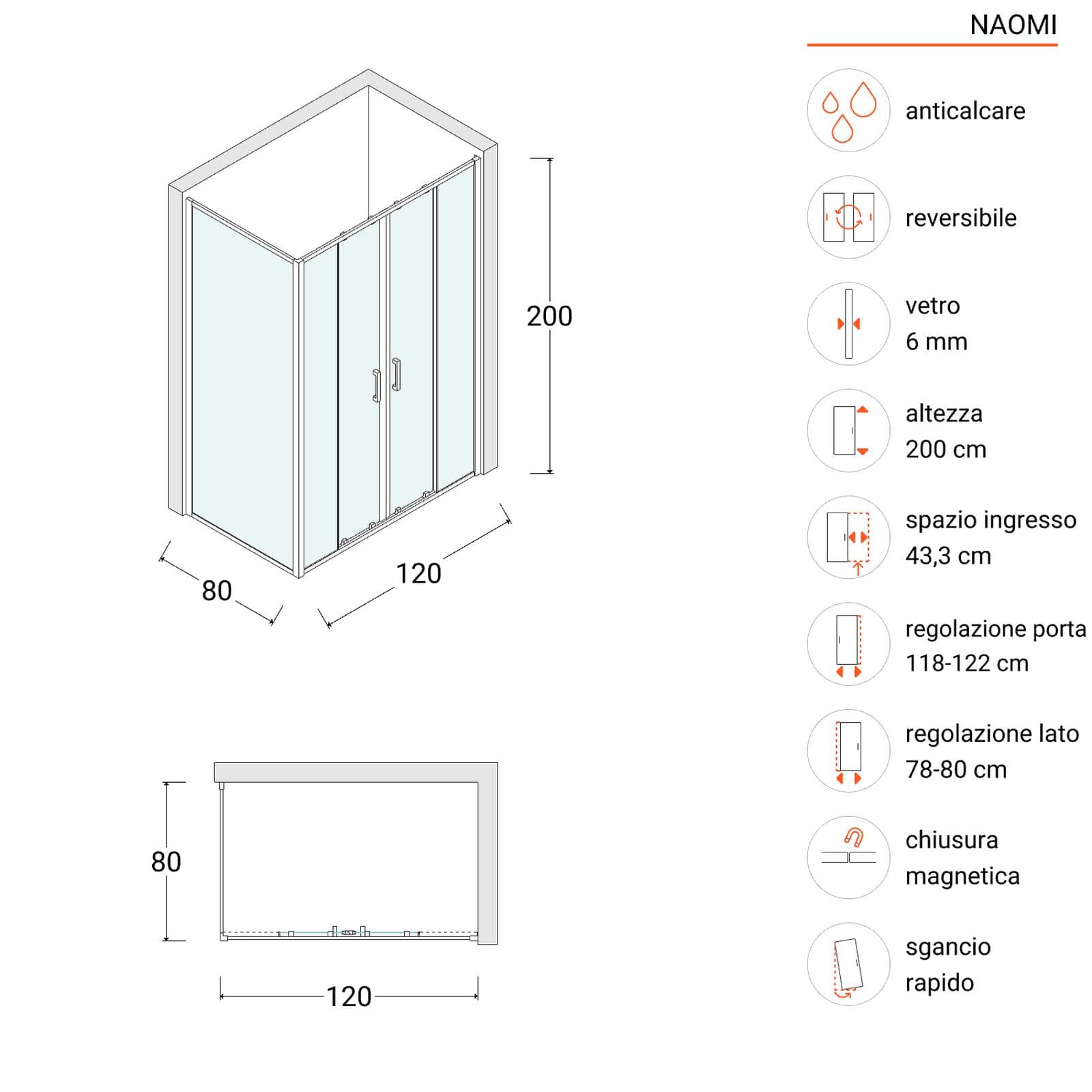 Box doccia angolare 80x120 cm scorrevole 4 ante anticalcare telaio nero - Naomi