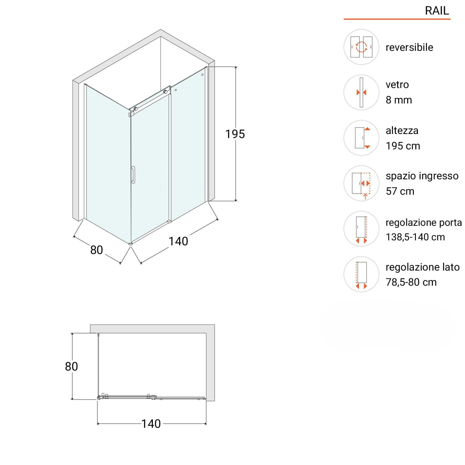 Box doccia 80x140 cm scorrevole vetro anticalcare trasparente profilo cromo 195h - Rail