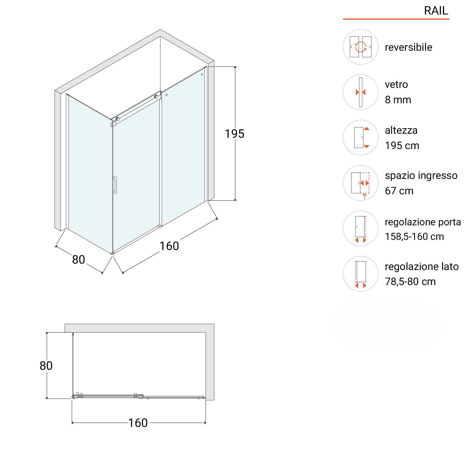 Box doccia 80x160 cm scorrevole vetro anticalcare trasparente profilo nero opaco 195h - Rail