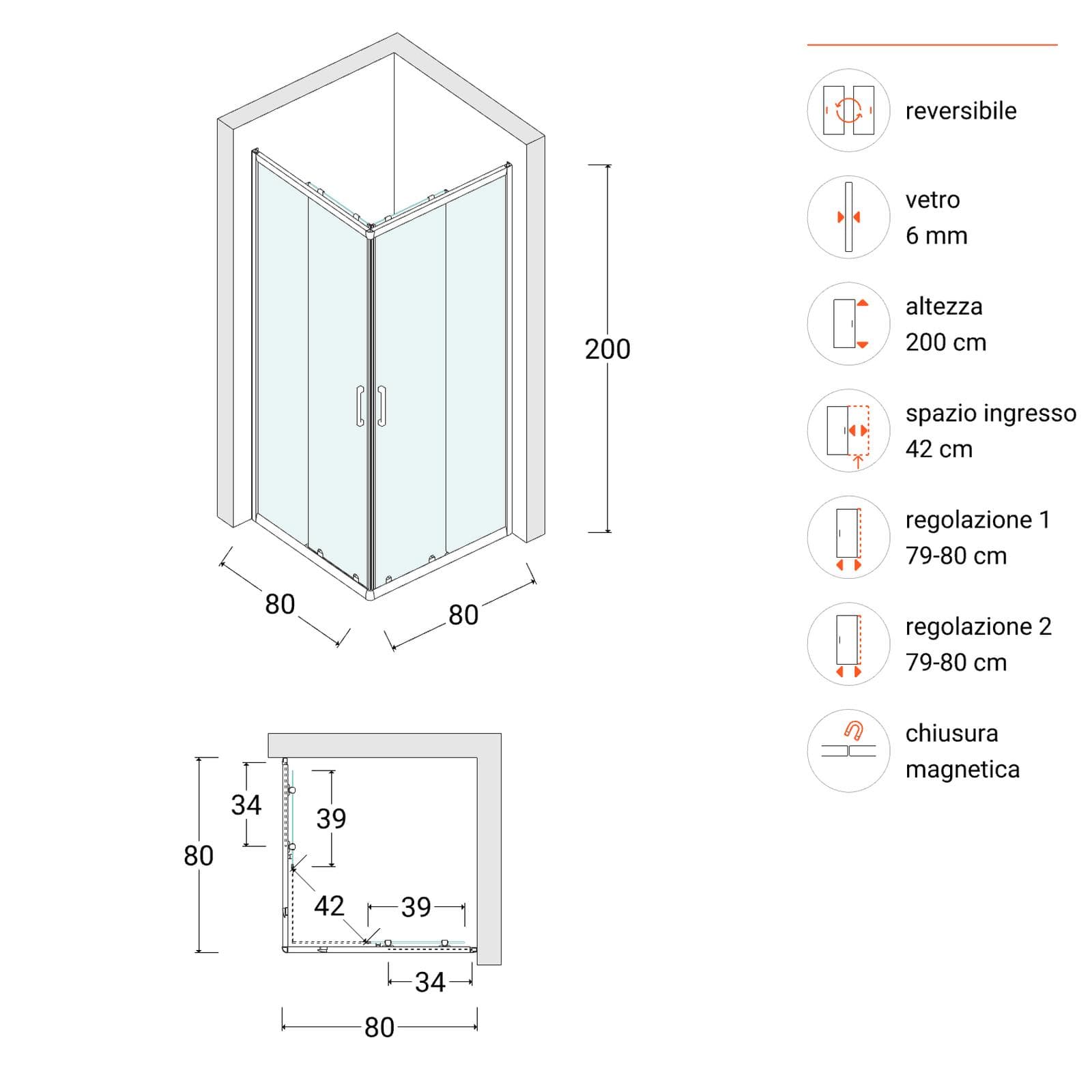 Box doccia 80x80 cm angolare scorrevole con vetro stampato e profilo cromo 200h - Skin