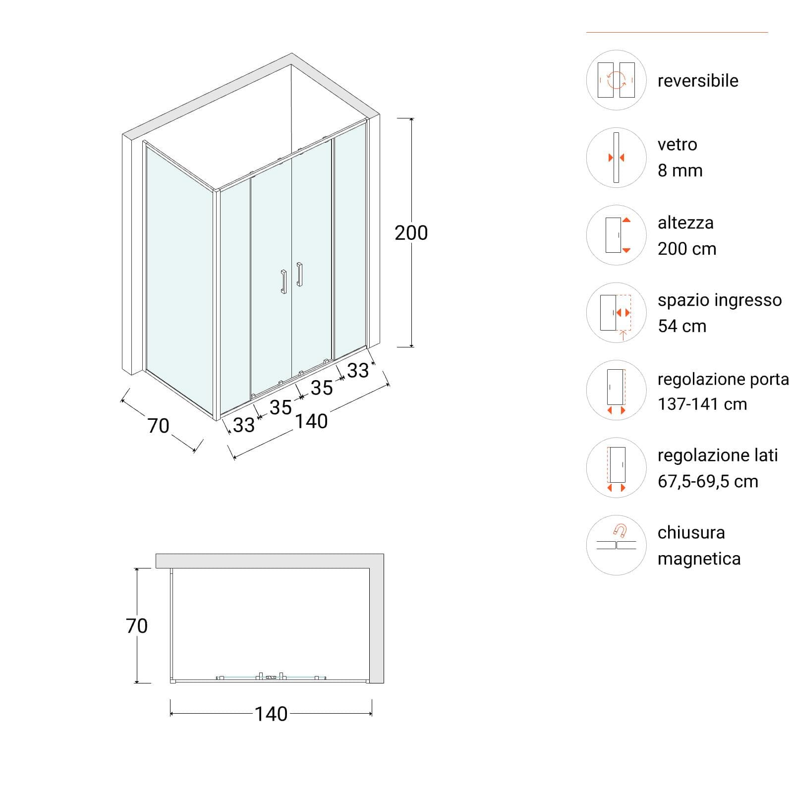 Box doccia angolare doppio scorrevole 140x70 cm in cristallo anticalcare - Garbo
