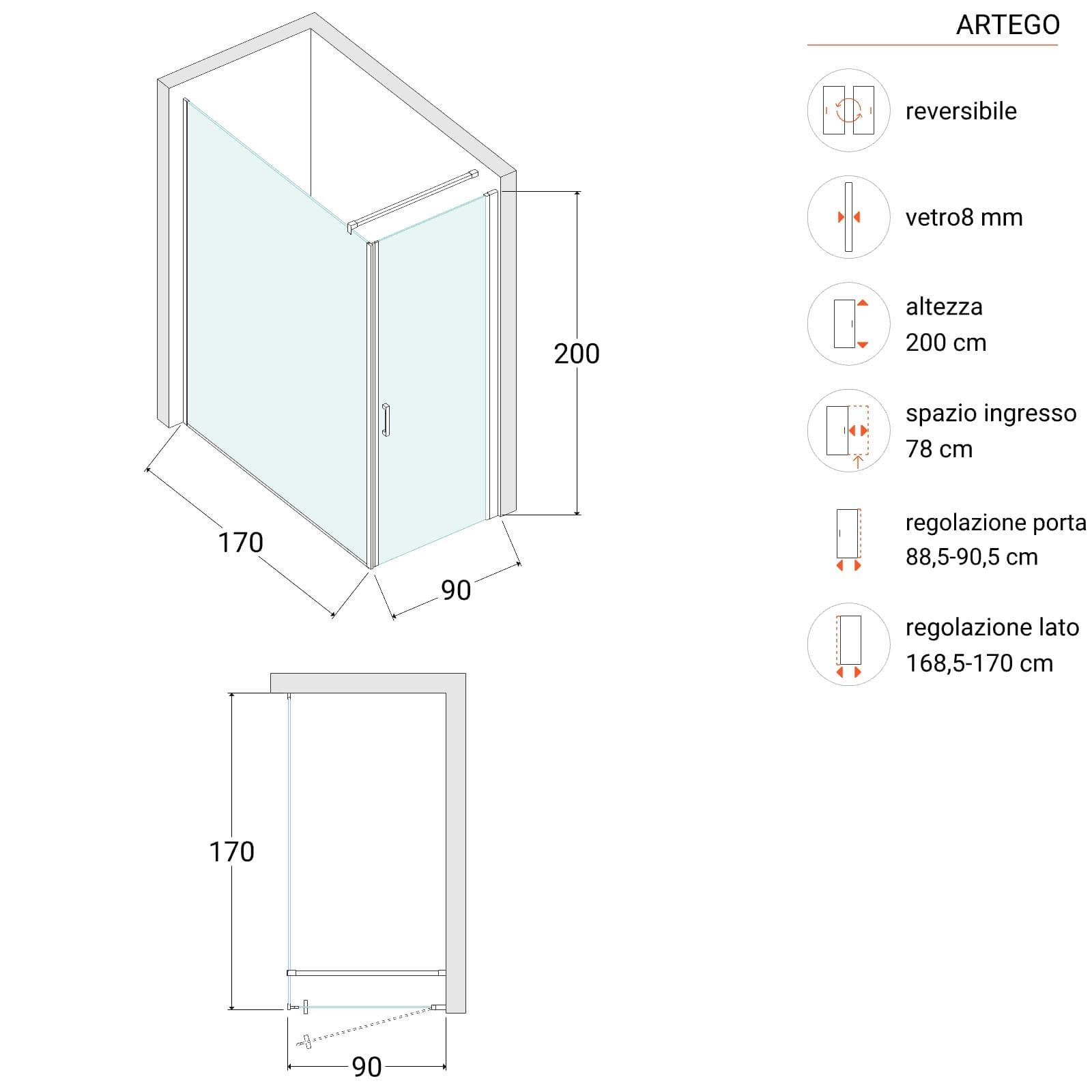 Box doccia 170X90 cm battente con vetro anticalcare trasparente e profilo cromo 200h - Artego