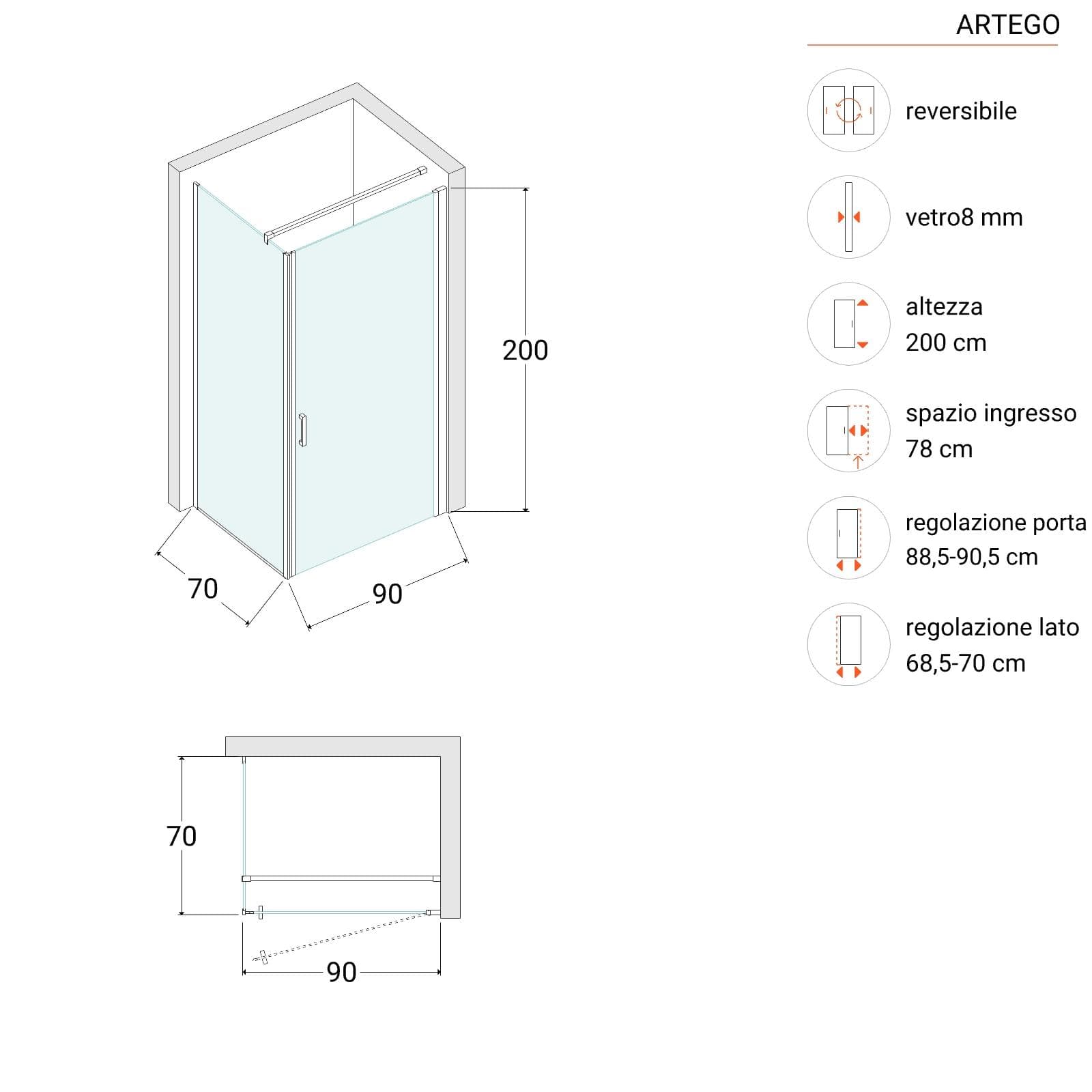 Box doccia 70X90 cm battente con vetro anticalcare trasparente e profilo cromo 200h - Artego