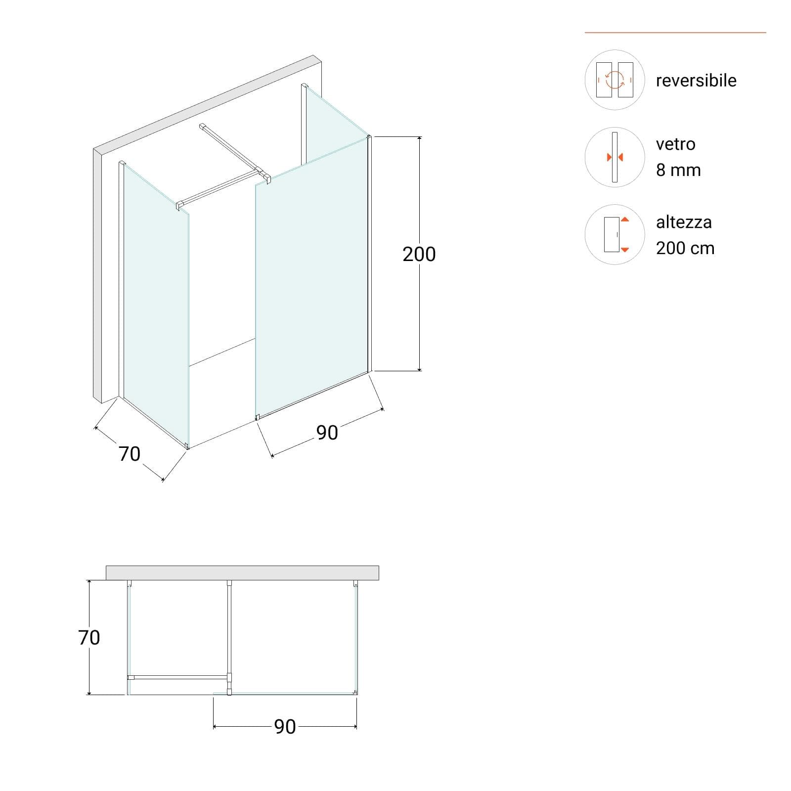 Box doccia fumè 70x90x70 vetro temperato anticalcare altezza 200h - Keep