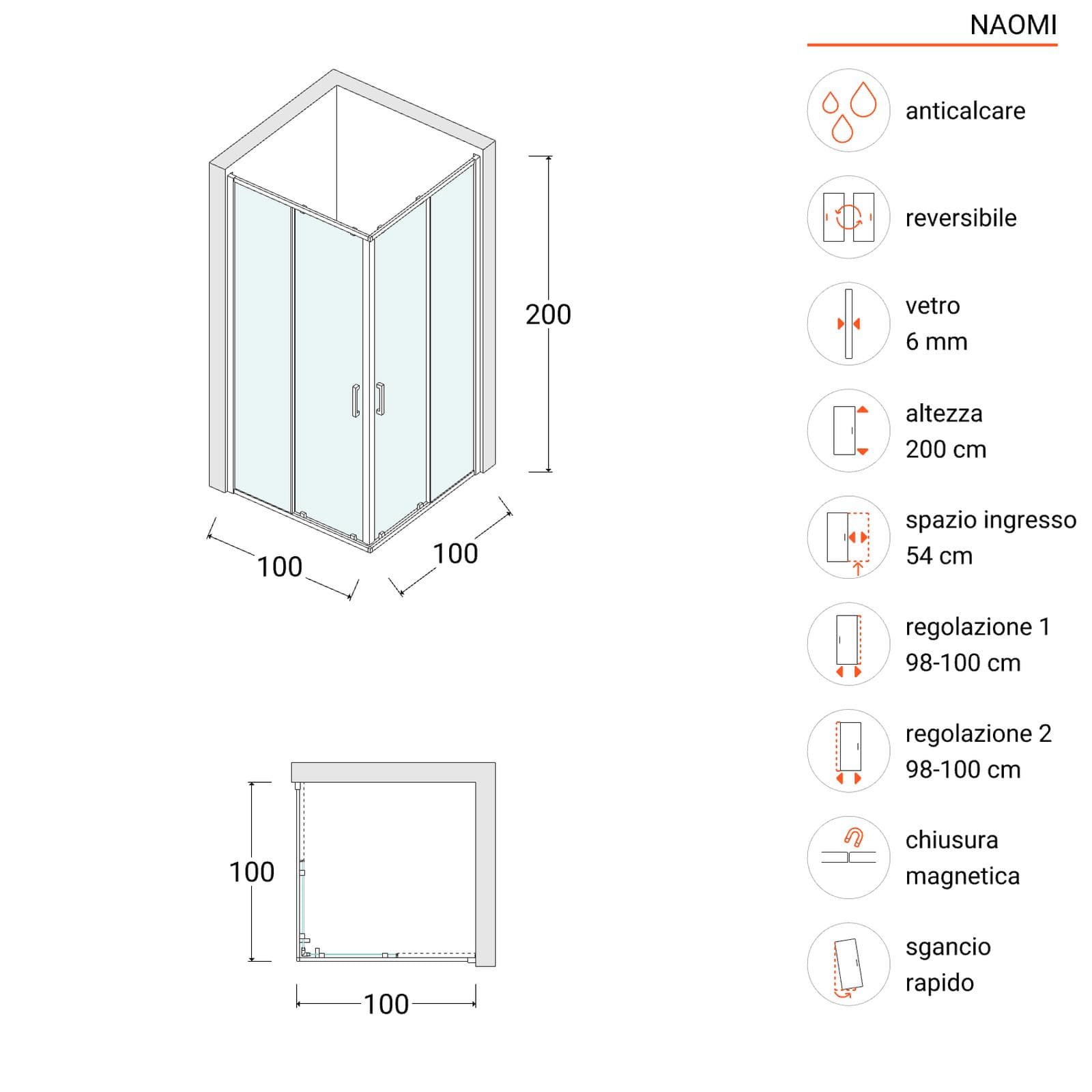 Box doccia nero 100x100 cm apertura angolo scorrevole 200h in vetro temperato anticalcare - Naomi