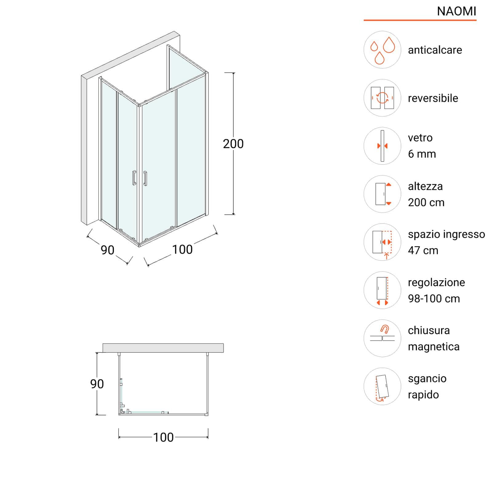 Box doccia nero tre lati 90x100x90cm apertura doppio scorrevole anticalcare 200h - Naomi