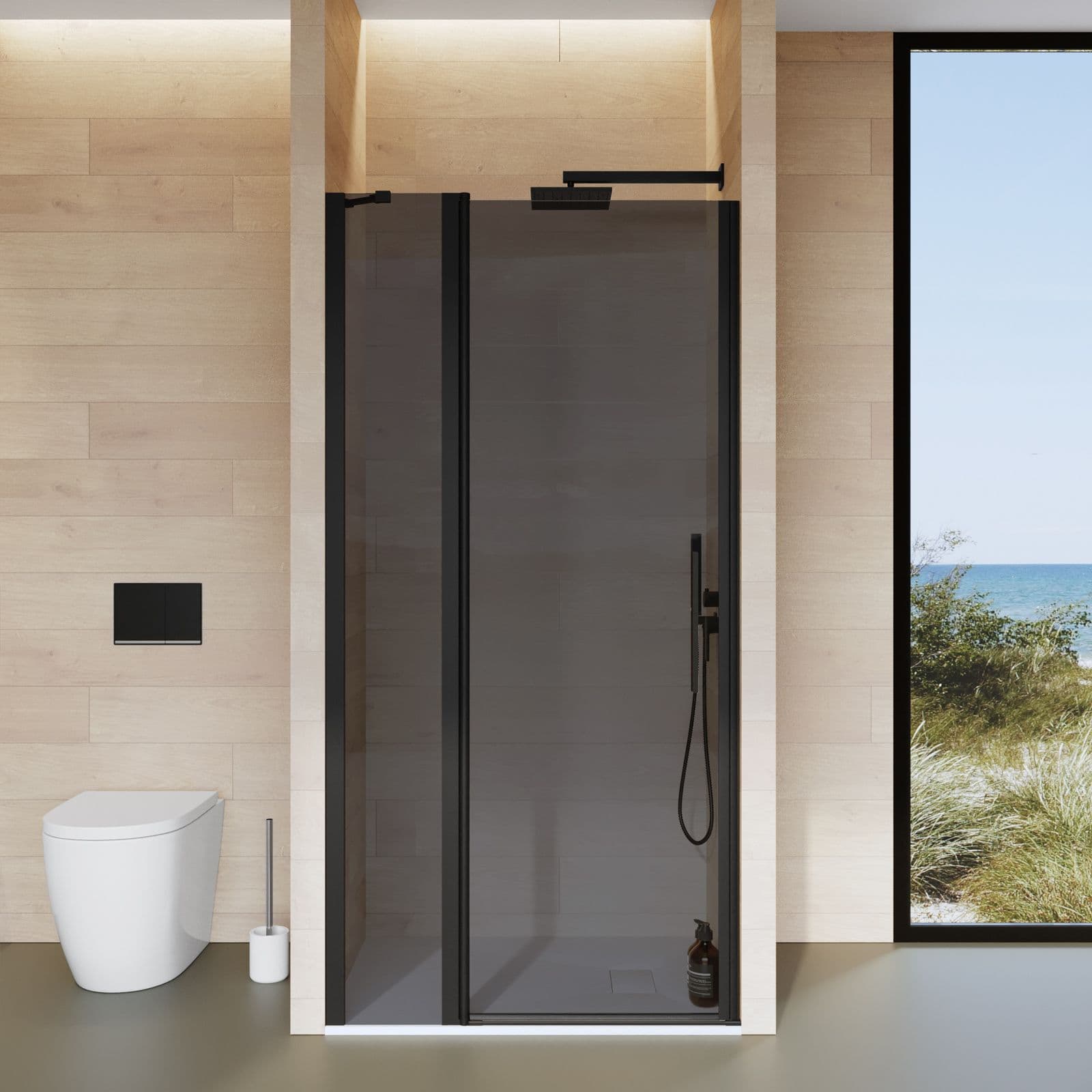 Box doccia nicchia 100 cm battente 65 cm e lato giunto con vetro temperato fumé e profilo nero 195h - Nilo