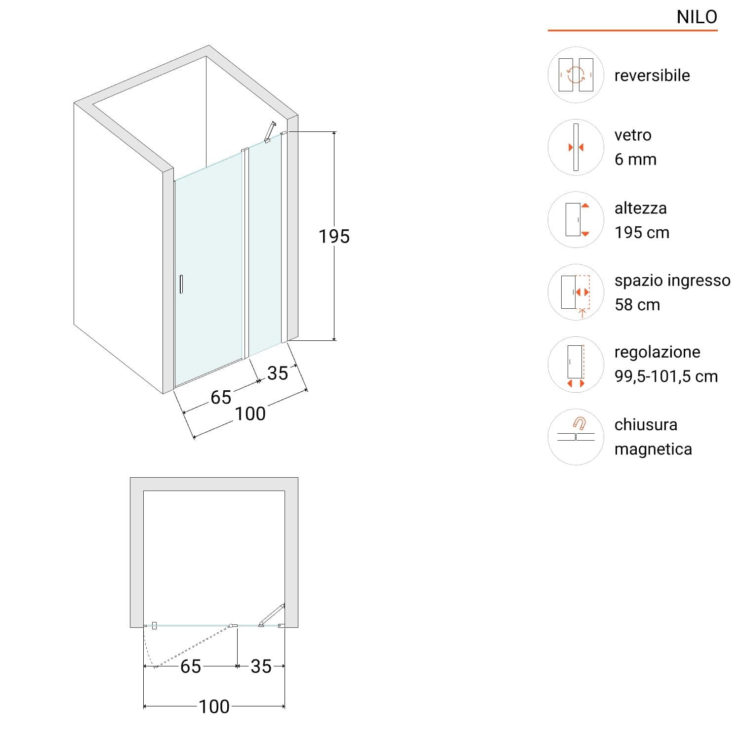 Box doccia nicchia 100 cm battente 65 cm e lato giunto con vetro temperato fumé e profilo nero 195h - Nilo