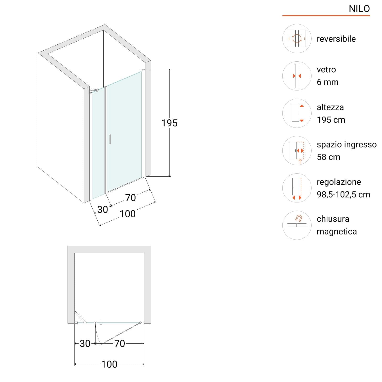 Box doccia nicchia 100cm 70 battente + 30 fisso opaco 190h - Nilo