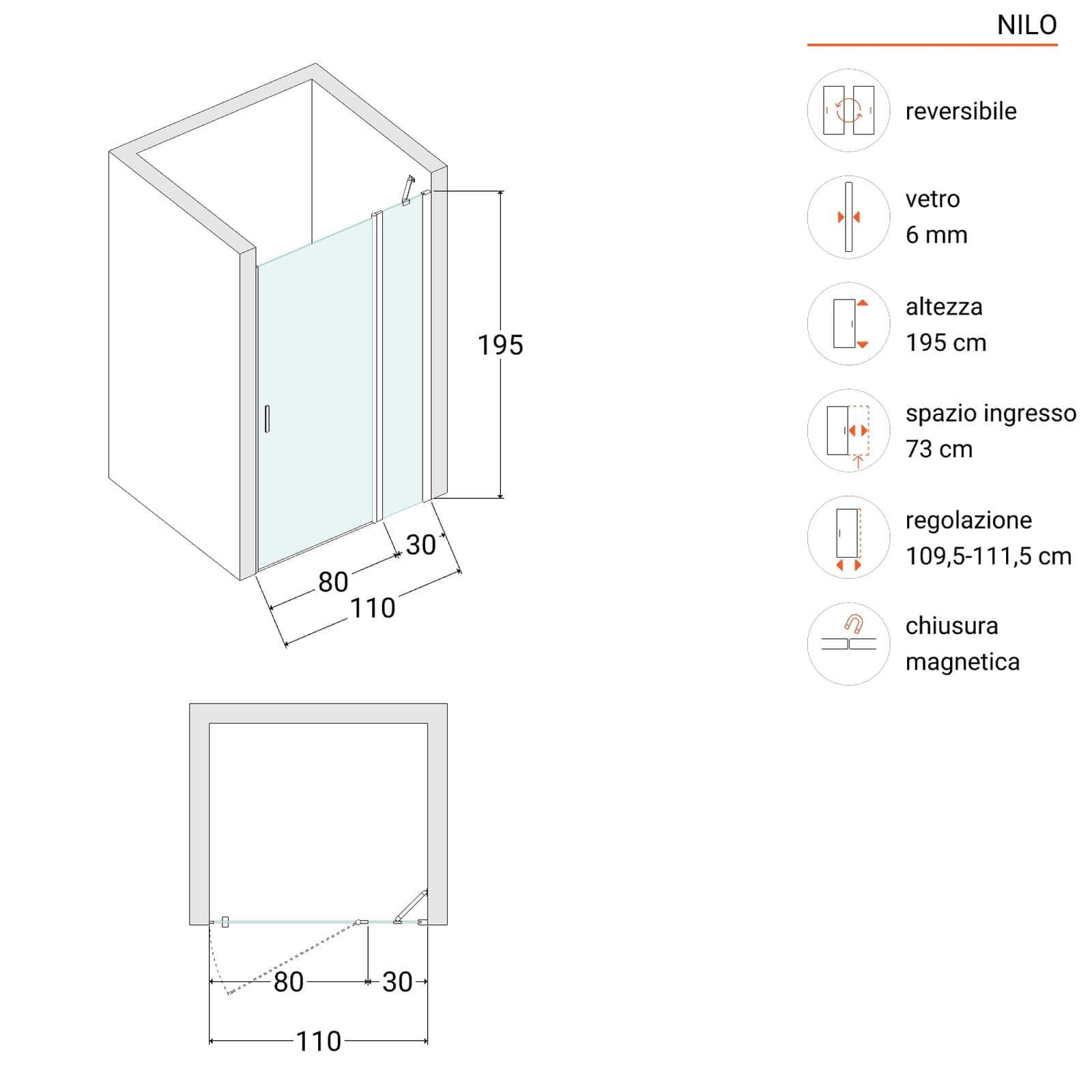 Box doccia nicchia 110 cm battente 80 cm e lato giunto con vetro temperato bronzato e profilo cromo 195h - Nilo