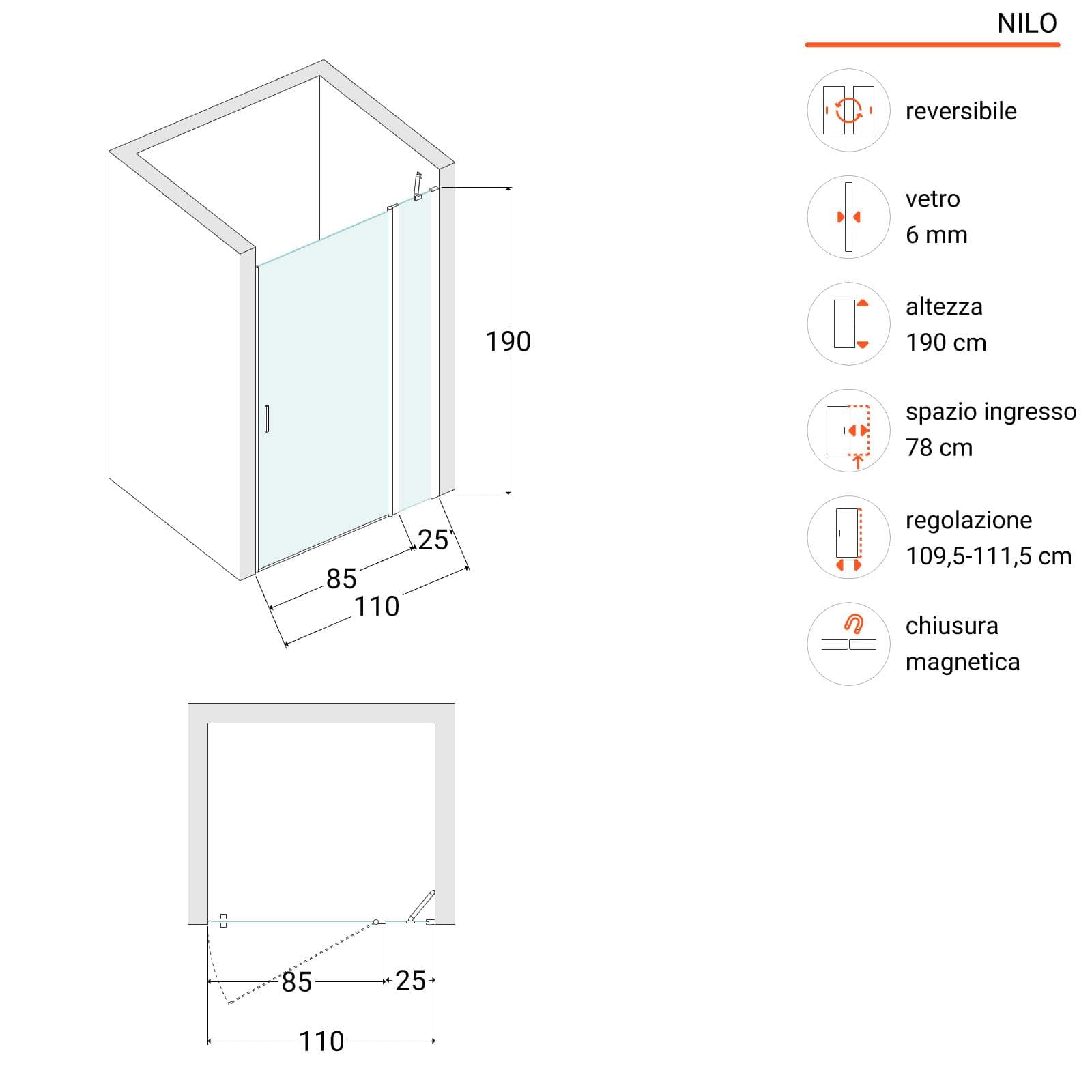 Box doccia nicchia 110cm 85 battente + 25 giunto opaco 190h - Nilo
