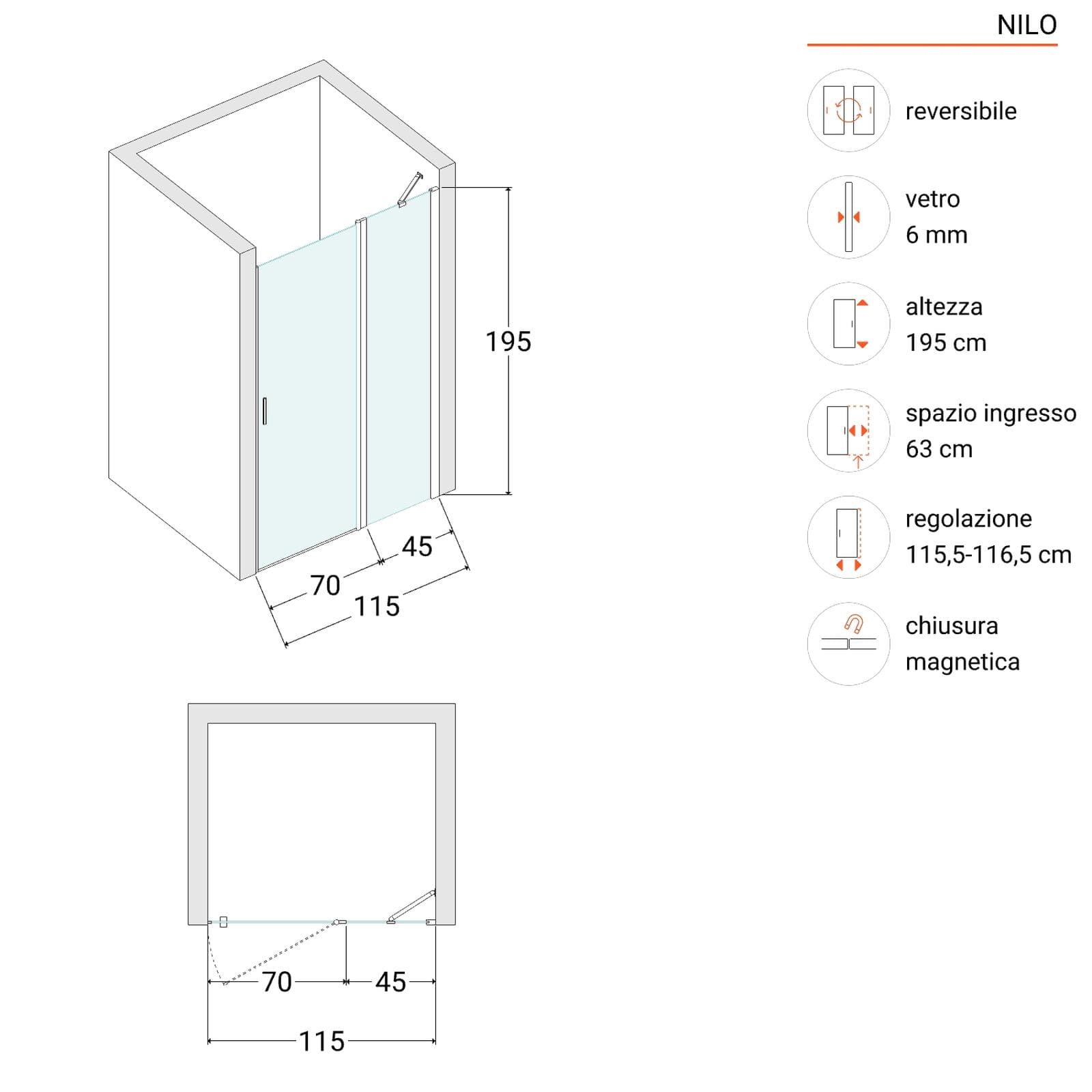 Box doccia nicchia 115 cm battente 70 cm e lato giunto con vetro temperato fumé e profilo cromo 195h - Nilo