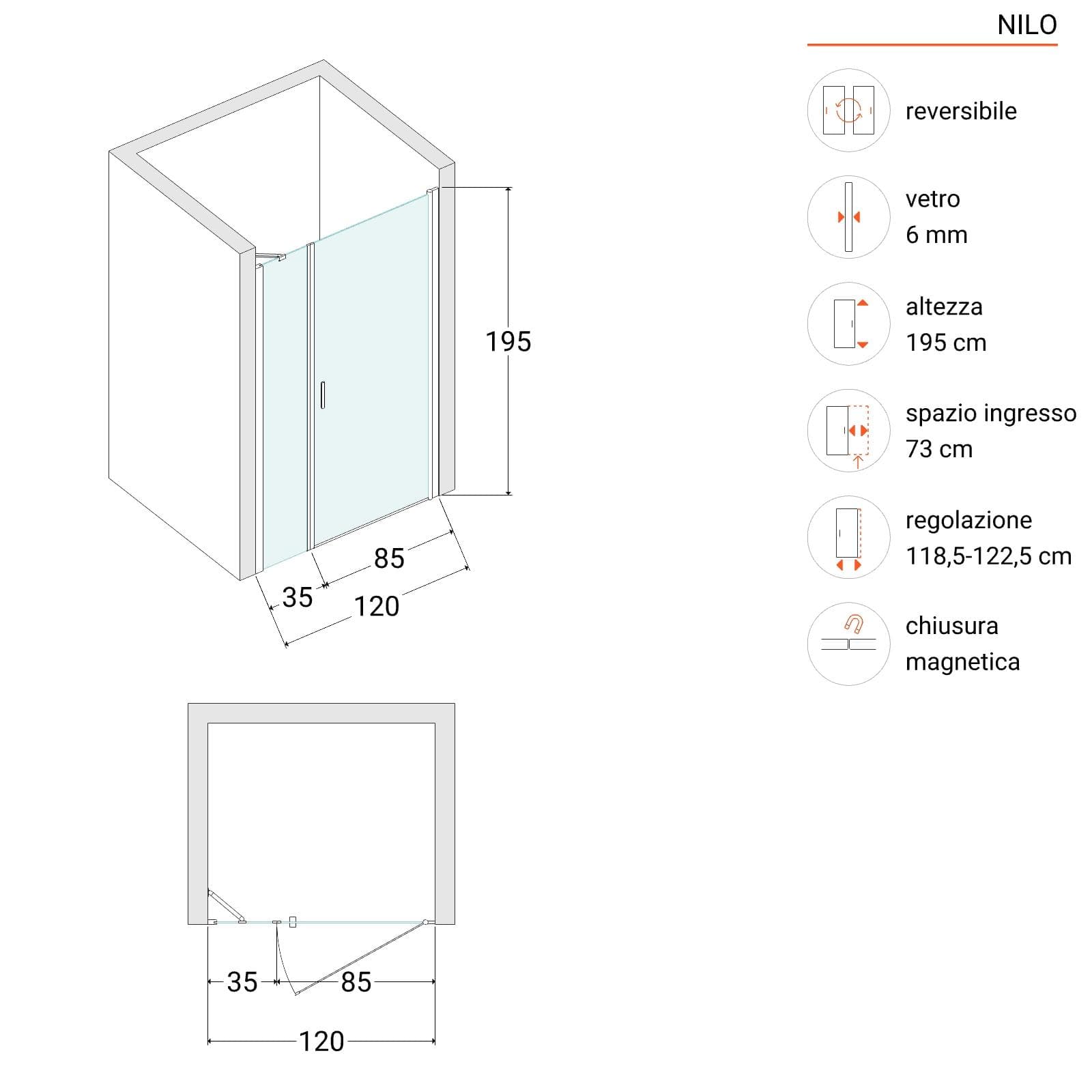 Box doccia nicchia 115 cm battente 80 cm e lato giunto con vetro temperato opaco e profilo cromo 195h - Nilo