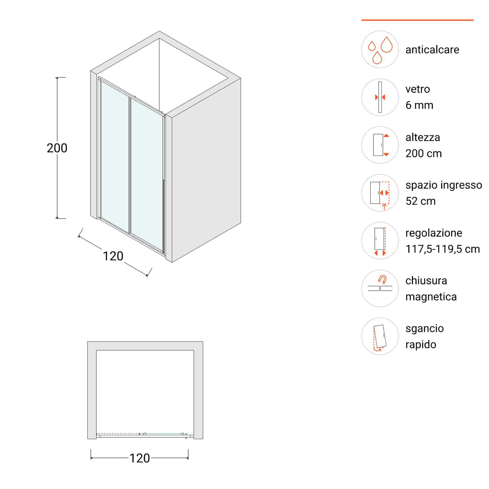 Box doccia nicchia 120 cm scorrevole sx vetro anticalcare trasparente profilo cromo 200h - Helena
