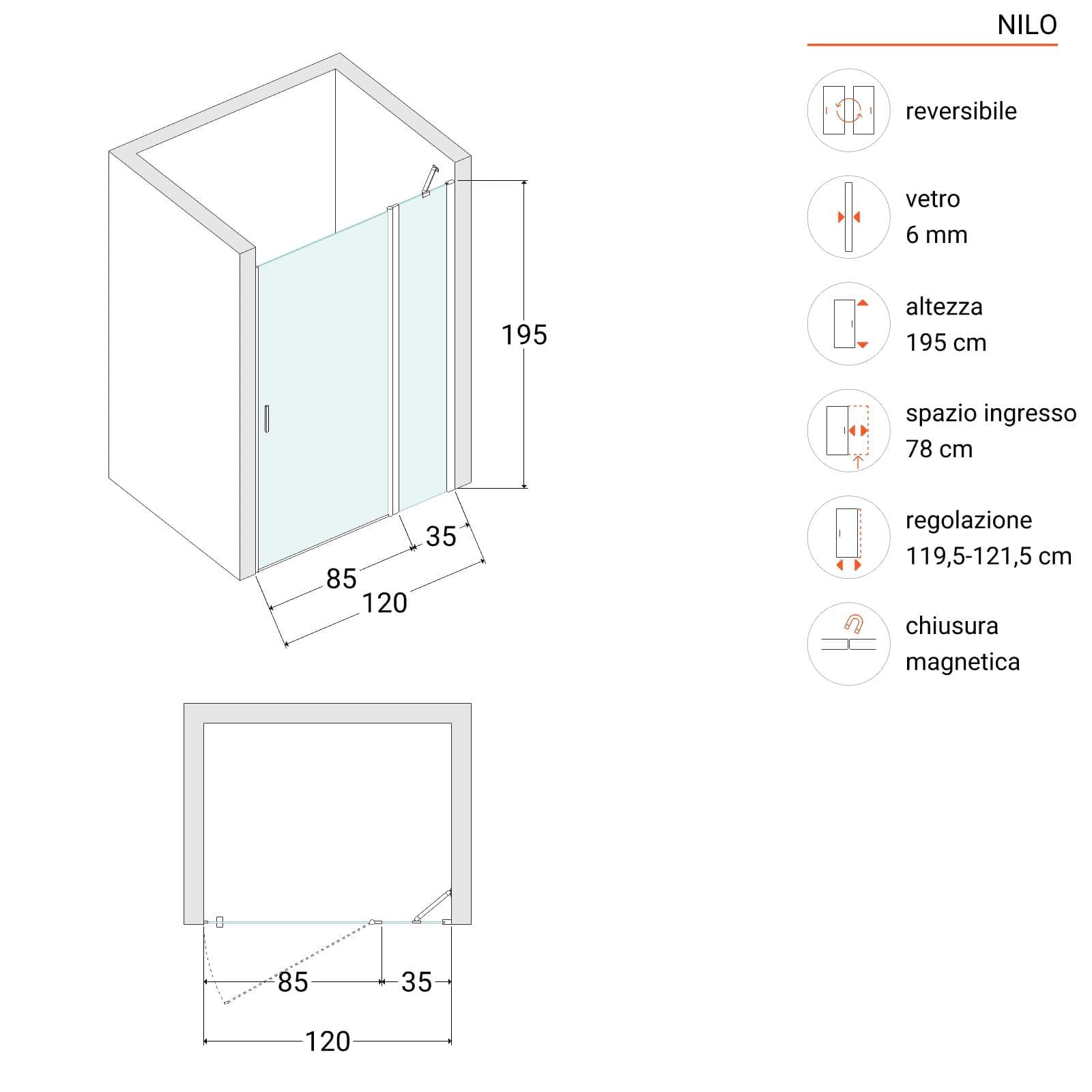 Box doccia nicchia 120cm 85 battente + 35 giunto trasparente 190h - Nilo