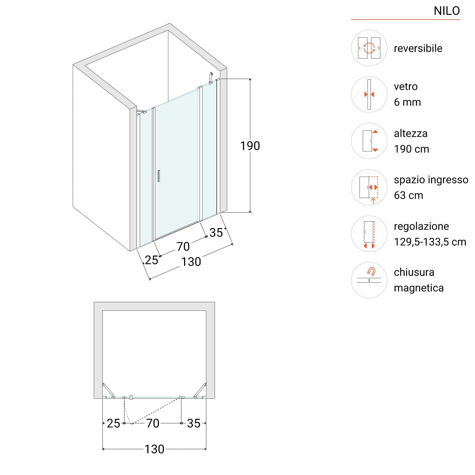 Box doccia nicchia 130 cm 35 giunto + 70 battente + 25 fisso con vetro temperato fumé e profilo nero opaco 195h - Nilo