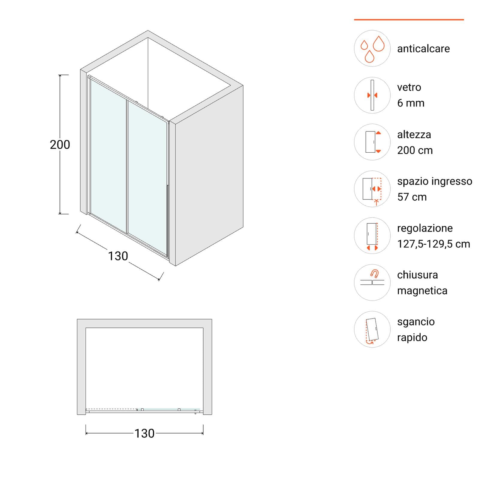 Box doccia nicchia 130 cm scorrevole sx vetro anticalcare trasparente e profilo fango 200h - Helena