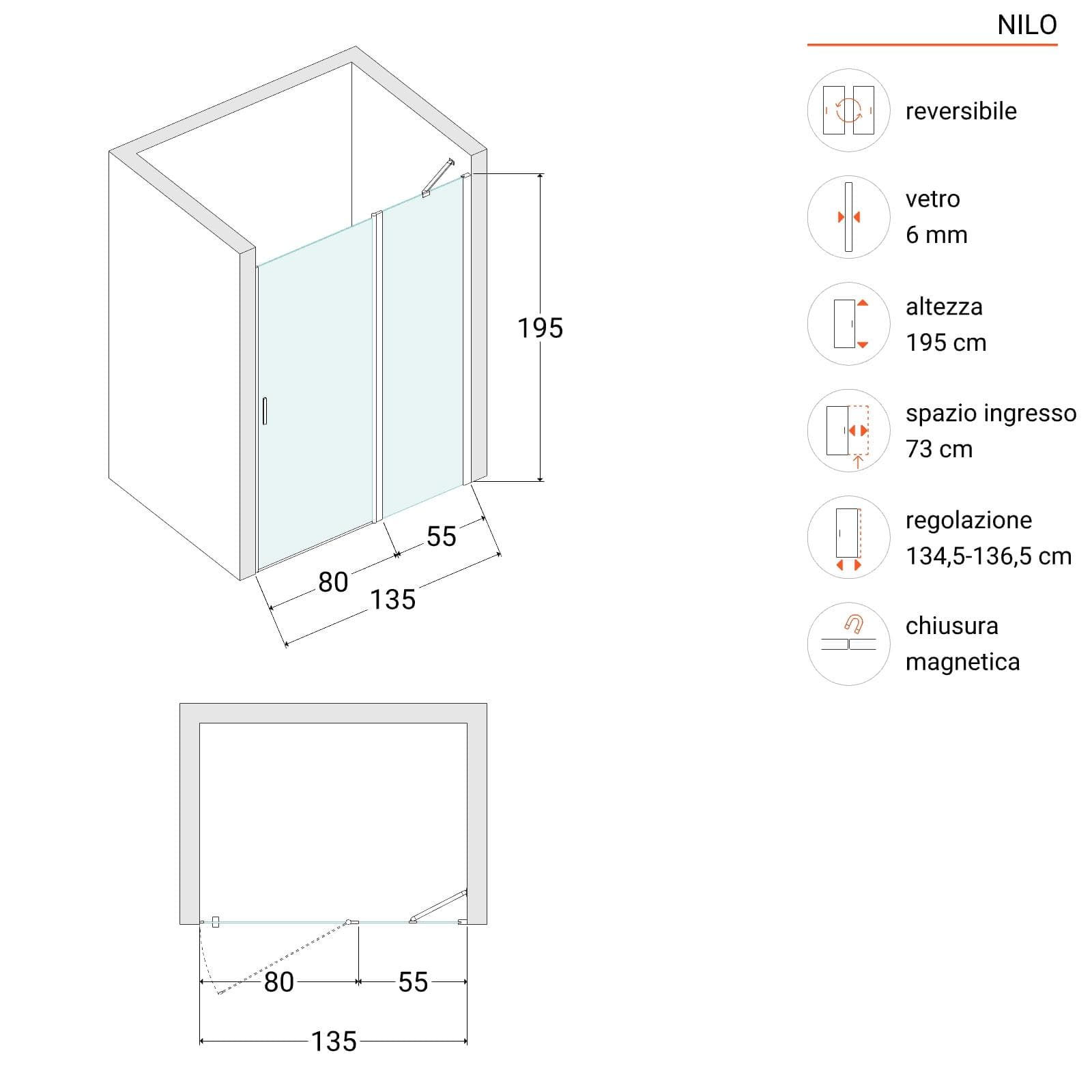 Box doccia nicchia 135 cm battente 80 cm e lato giunto con vetro temperato opaco e profilo cromo 195h - Nilo