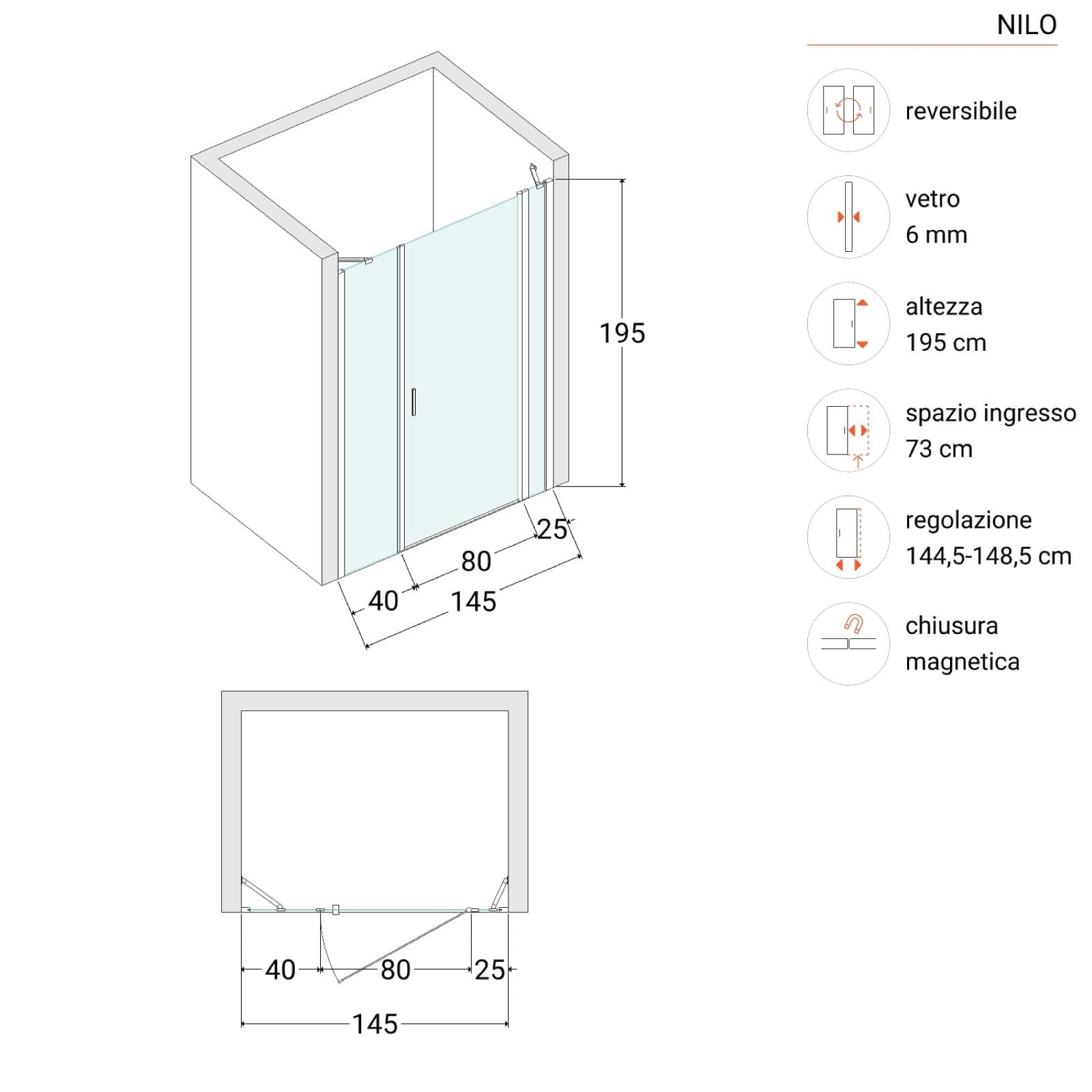 Box doccia nicchia 145 cm 25 giunto + 80 battente + 40 fisso con vetro temperato opaco e profilo cromo 195h - Nilo