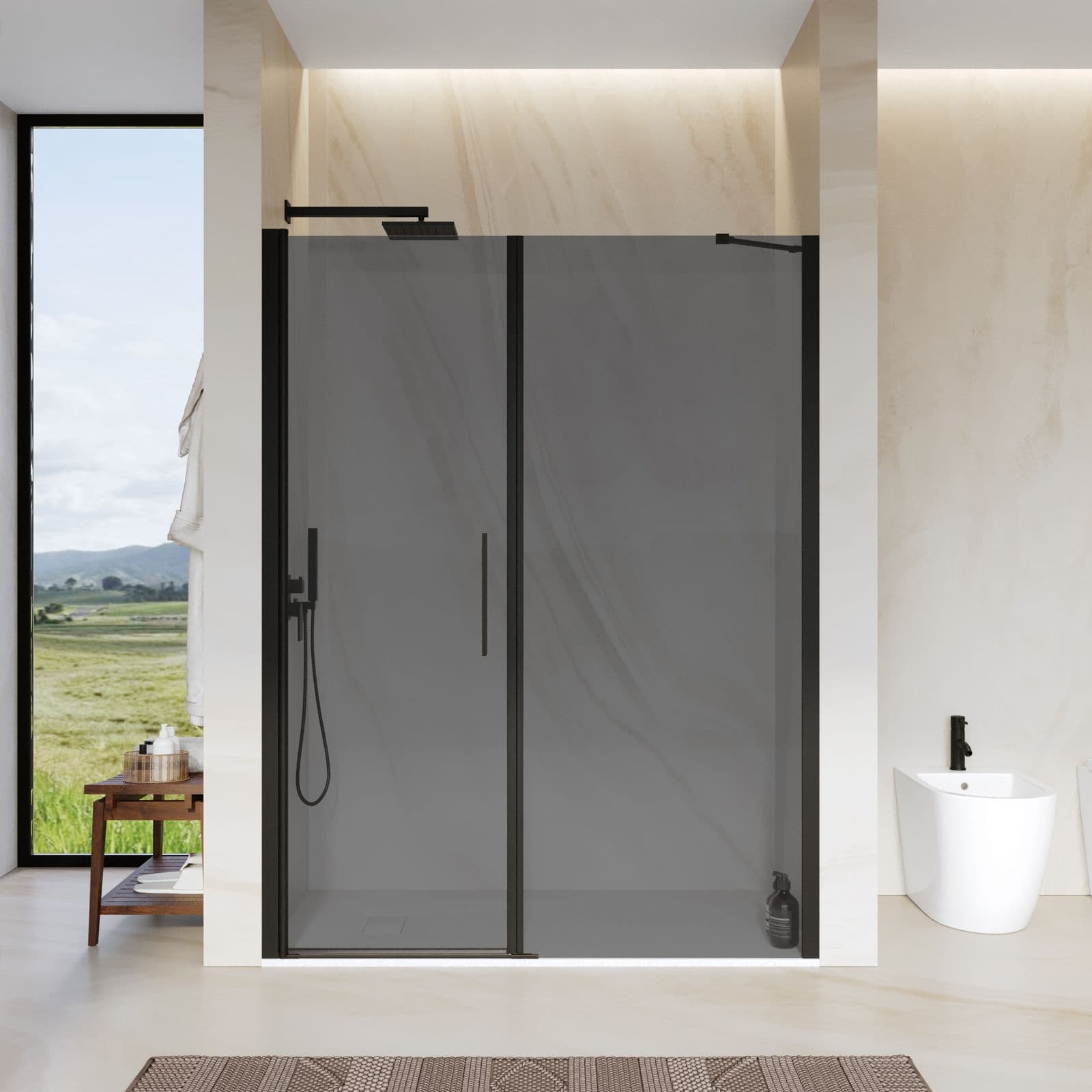 Box doccia nicchia 145 cm battente 65 cm e lato fisso con vetro temperato fumé e profilo nero 195h - Nilo