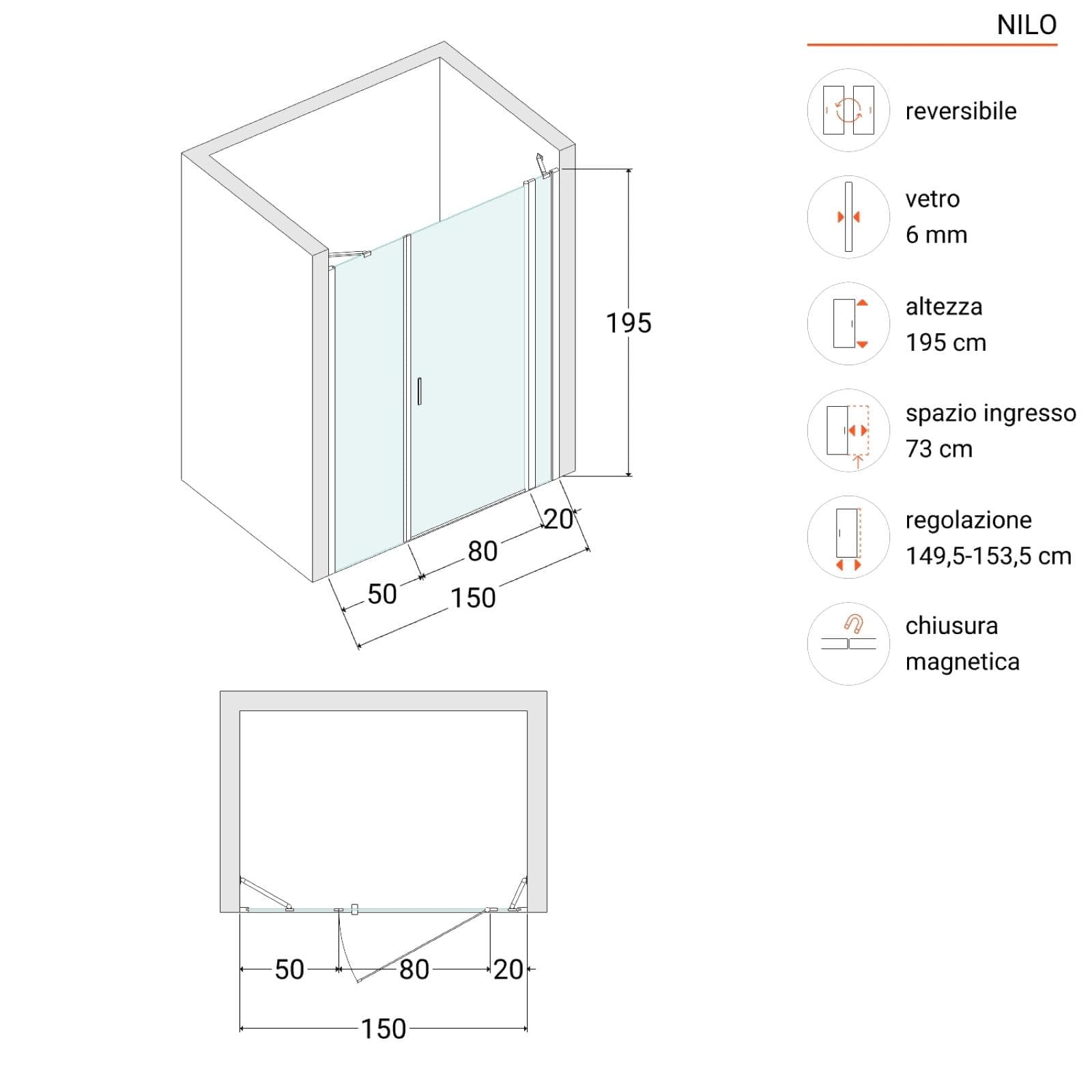 Box doccia nicchia 150 cm 20 giunto + 80 battente + 50 fisso con vetro temperato trasparente e profilo cromo 195h - Nilo