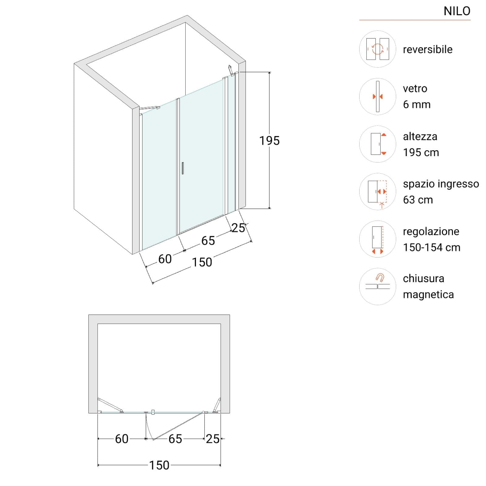 Box doccia nicchia 150 cm 25 giunto + 65 battente + 60 fisso con vetro temperato trasparente e profilo cromo 195h - Nilo