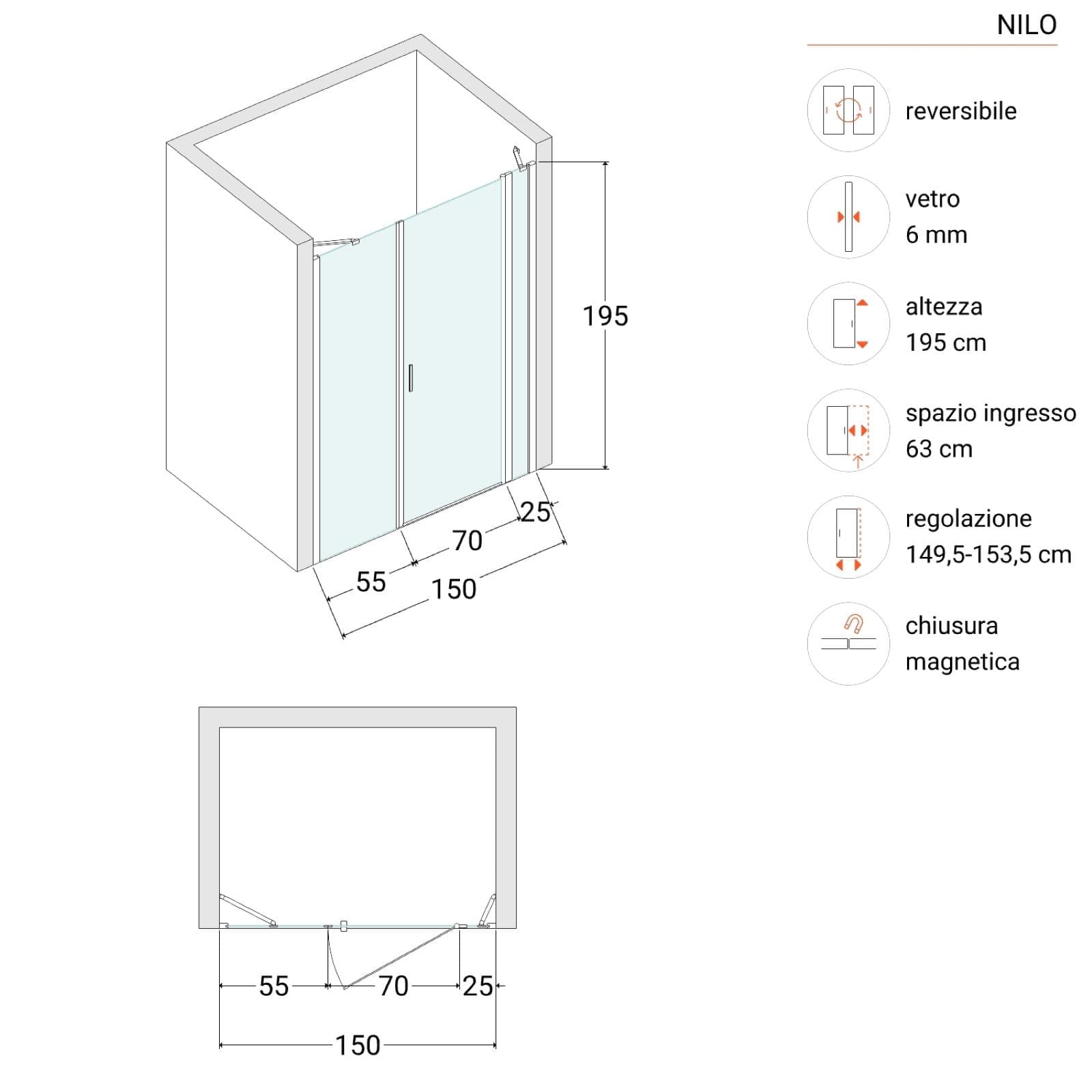 Box doccia nicchia 150 cm 25 giunto + 70 battente + 55 fisso con vetro temperato trasparente e profilo cromo 195h - Nilo